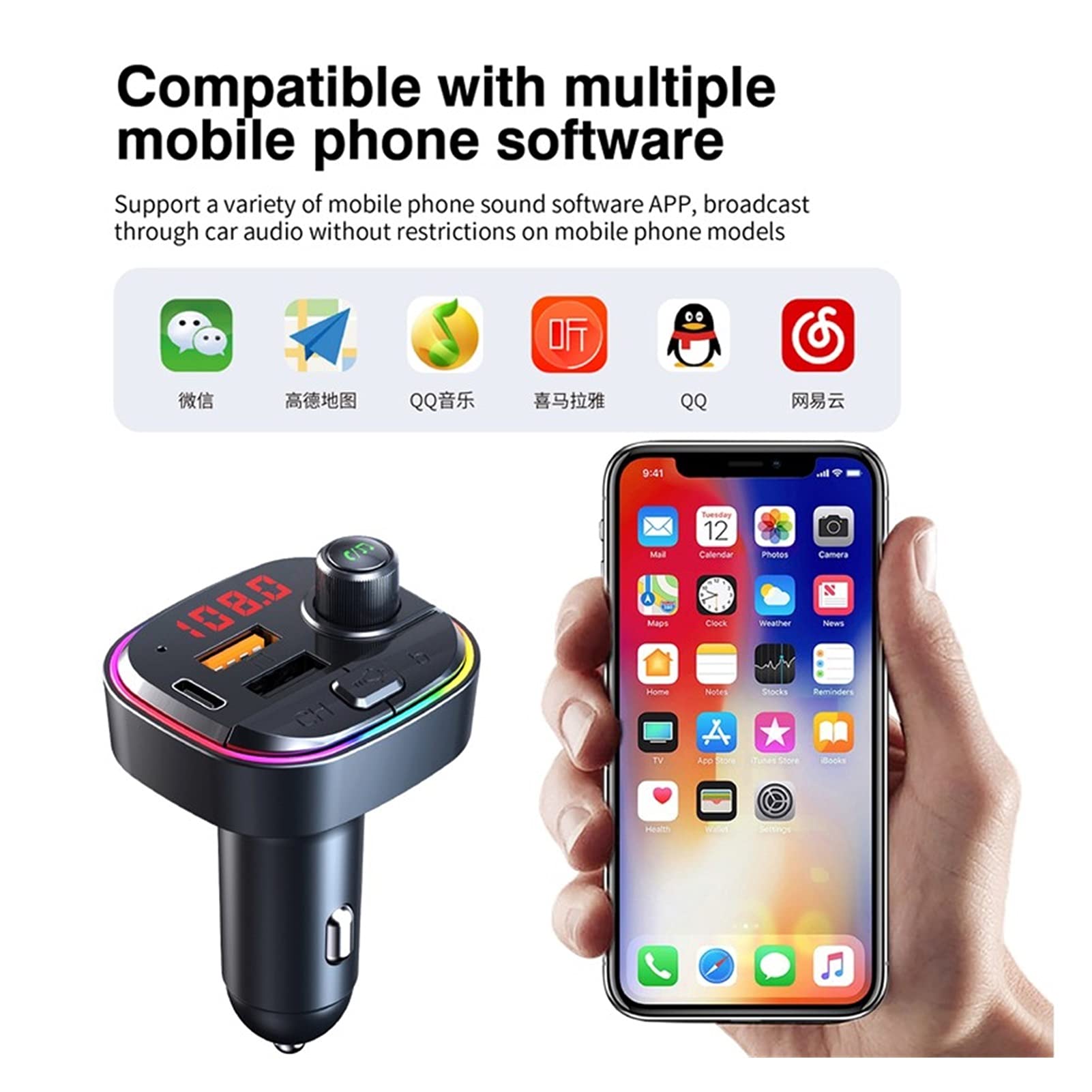 Adattatore audio Bluetooth. FM. Trasmettitore auto MP3. Modulo audio audio del giocatore Bluetooth del ricevitore audio Bluetooth Modulatore AUX Bluetooth USB Caricabatteria da auto Luce ambientale