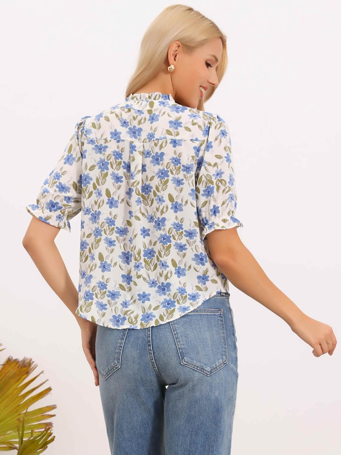 Allegra K Mock Neck Dressy Blouses for Women Casual Summer Floral Button Down Shirt Puff Short Sleeve Casual Work Chiffon Top - Image 2