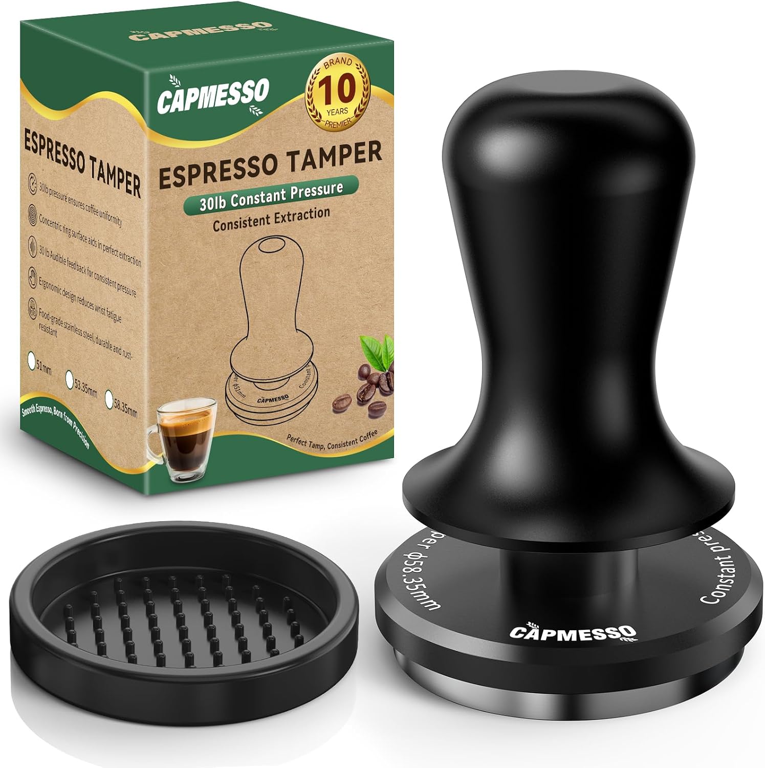 CAPMESSO 51mm Espresso Tamper: 3 Spring-loaded Coffee Tampers for Espresso Machine - 30lbs Barista Espresso Tools with Sound Feedback - Anodized Aluminum Handle and Stand - Ripple Base (51mm)