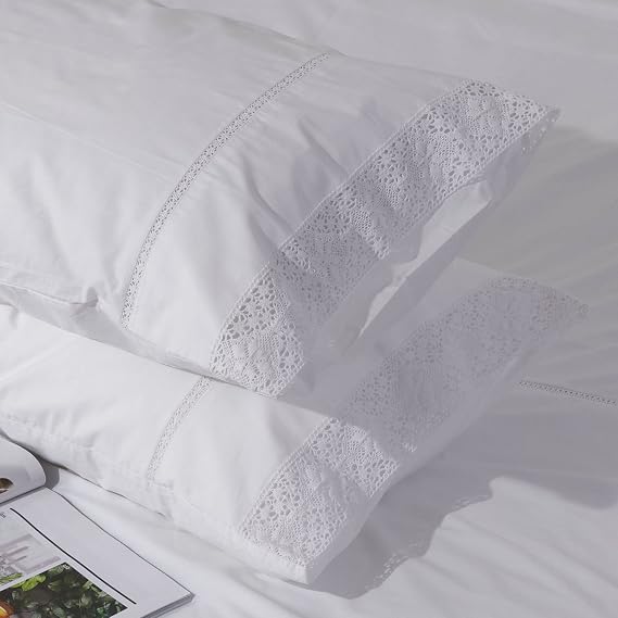 White Lace Pillow Cases Queen Size Set of 2, 100% Cotton Pillowcases, 20x30 | Percale Fabric, Envelope Closure, 2 Pack, Farmhouse, Shabby Chic, Eyelet, Decorative, Crisp, Soft and Breathable