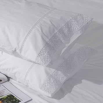 White Lace Pillow Cases Queen Size Set of 2, 100% Cotton Pillowcases, 20x30 | Percale Fabric, Envelope Closure, 2 Pack, Farmhouse, Shabby Chic, Eyelet, Decorative, Crisp, Soft and Breathable
