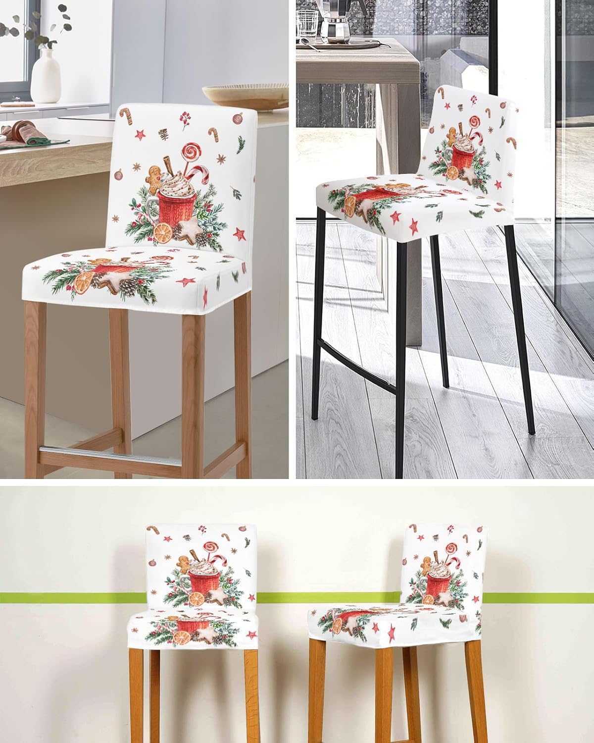 Christmas Bar Stool Covers Gingerbread Candy Cane Bar Chair Cover Set of 2 Stretch Chair Covers Xmas Ball Xmas Counter Height Chair Slipcovers Protectors for Kitchen Dining Room Pub Cafe Furniture