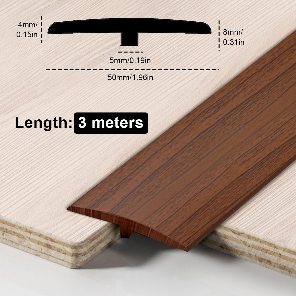 Perfil de transición autoadhesivo, perfil en T, 5 x 300 cm, tira autoadhesiva de PVC de transición en T, umbral de puerta, suelo para umbrales de puertas y suelos de conexión de baldosas laminadas