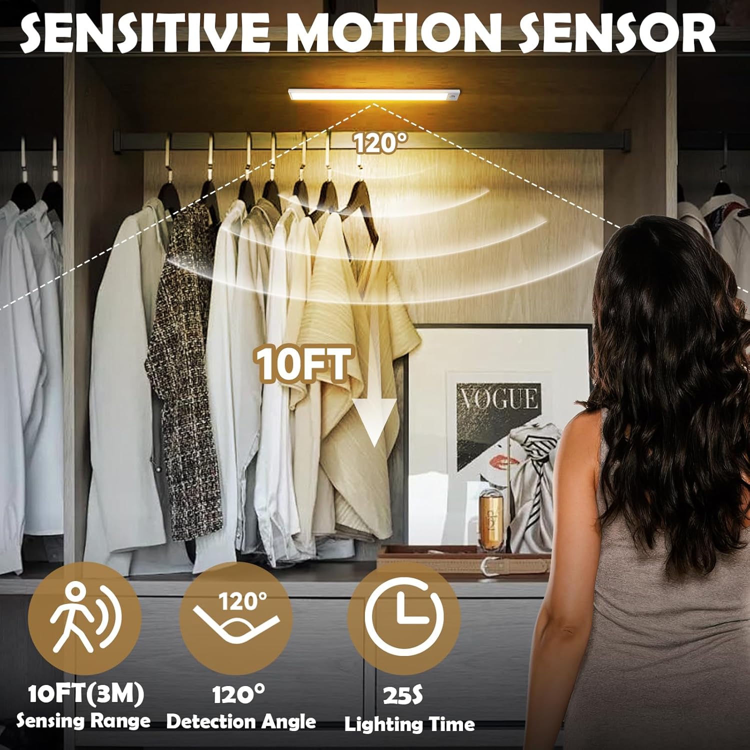 16 inch Under Cabinet Lighting, 80 LED Motion Sensor Closet Light, 1500mAh Rechargeable Battery Dimmable 3 Color Temperature Magnetic Wireless for Kitchen, Shelf, Stairs, Wardrobe, 6 Pack