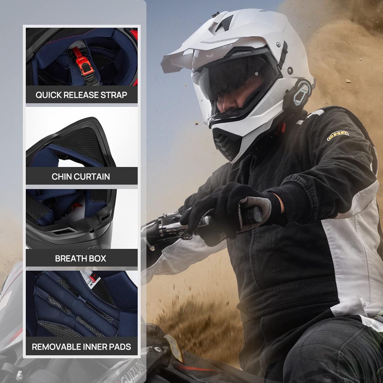 ILM Dual Sport Adventure Motorcycle Helmet with Pinlock Compatible Sun Visor Snowmobile ATV Dirt Bike Off Road Casco Model WS902 (White, L)