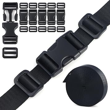 Buckles Straps Kit 1 - 6 PCS Dual Side Release Buckles, 12 PCS Tri-Glide Sliders, 6 Yards Nylon Webbing 1 inch, Heavy Duty Dual Adjustable No Sewing