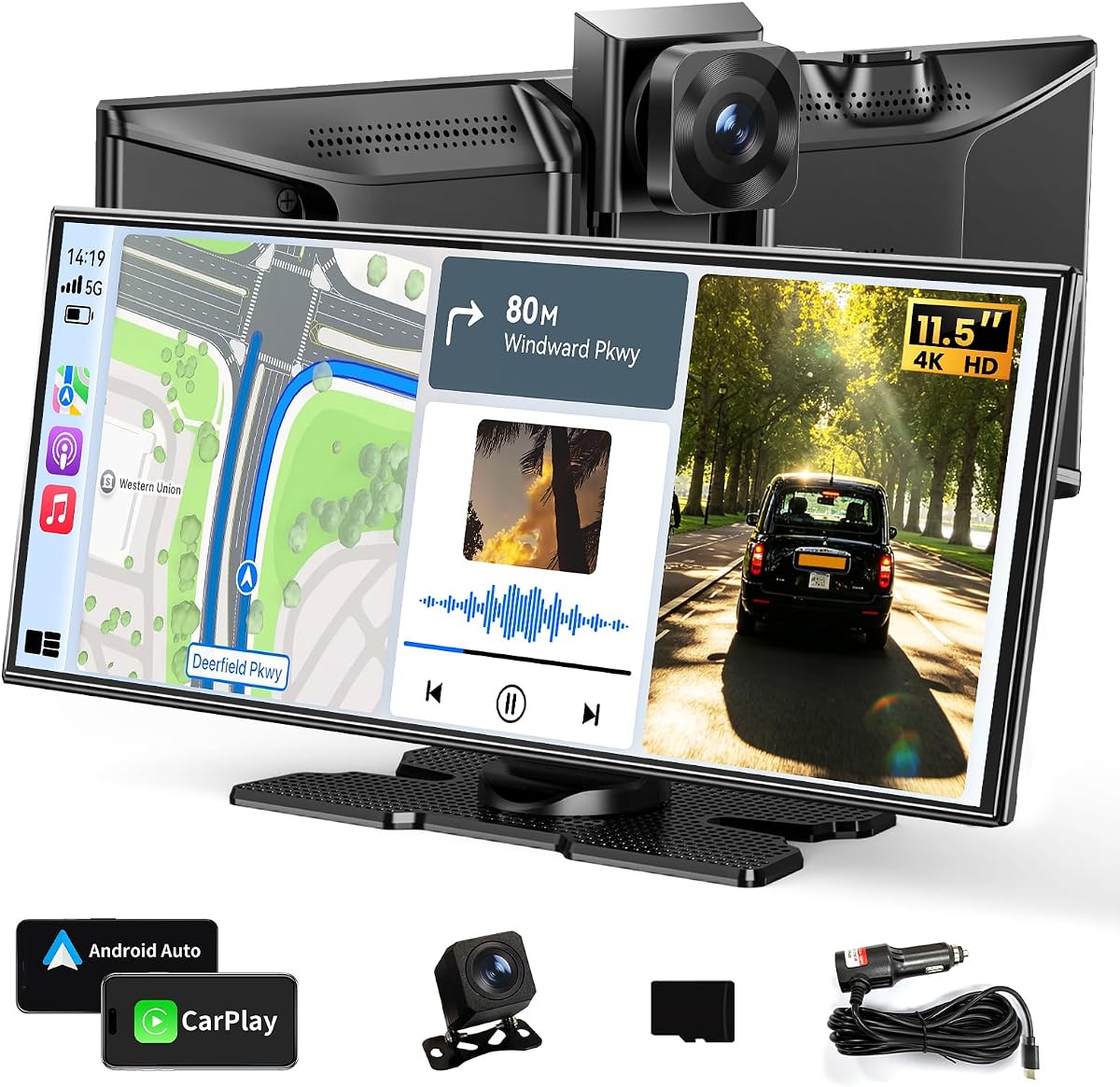 Largest 11.5" Wireless CarPlay Screen for Car–Portable Carplay & Android Auto Touchscreen Car Stereo with App Control,4K Dash Cam, Backup Camera, GPS, Mirror Link, Voice Control,for All Vehicles