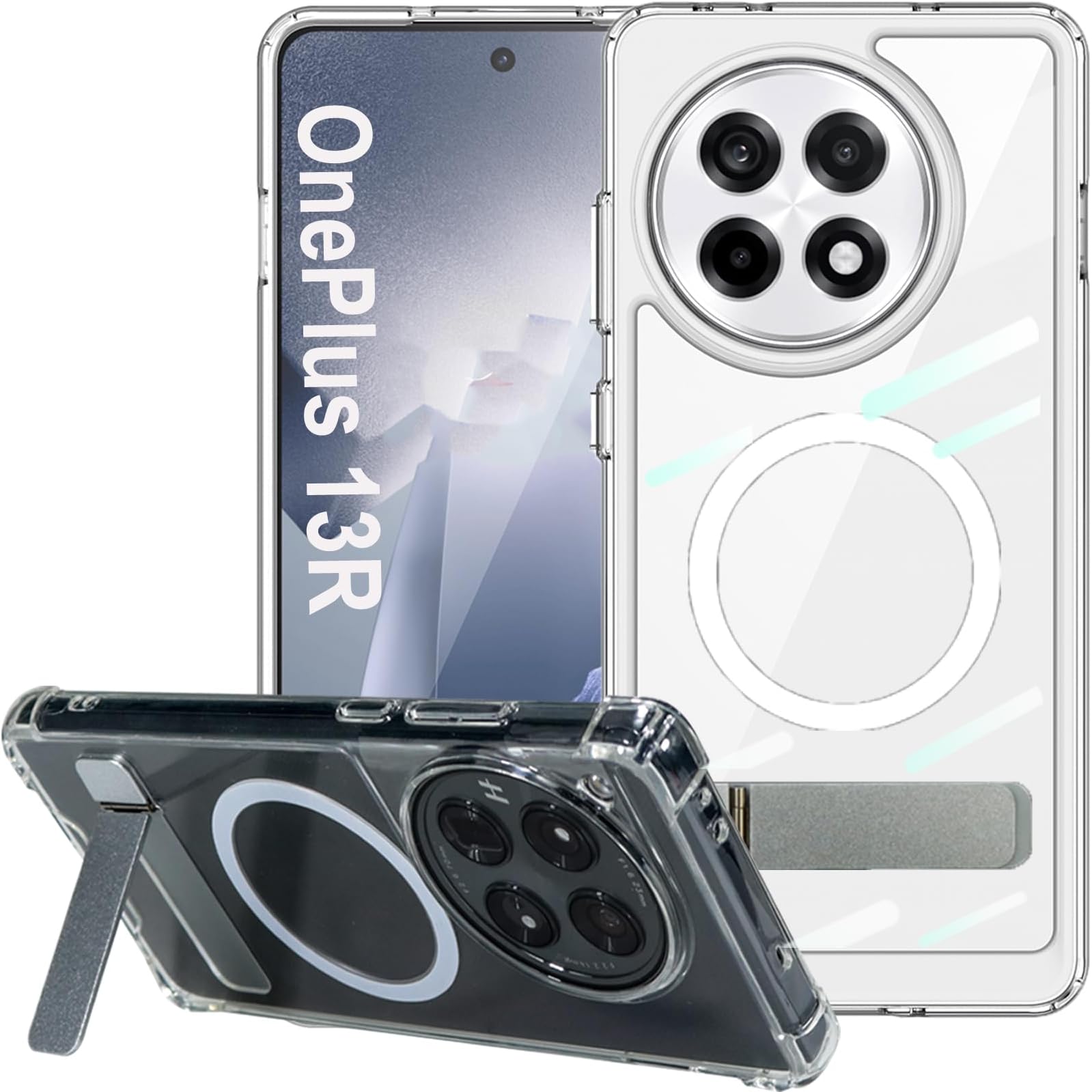 for OnePlus 13R Case with Stand, Strong Magnetic Compatible with MagSafe, Built-in Metal Kickstand, Thicken Bumper Frame Military Grade Protection Phone Cover for One Plus 13R (Clear)