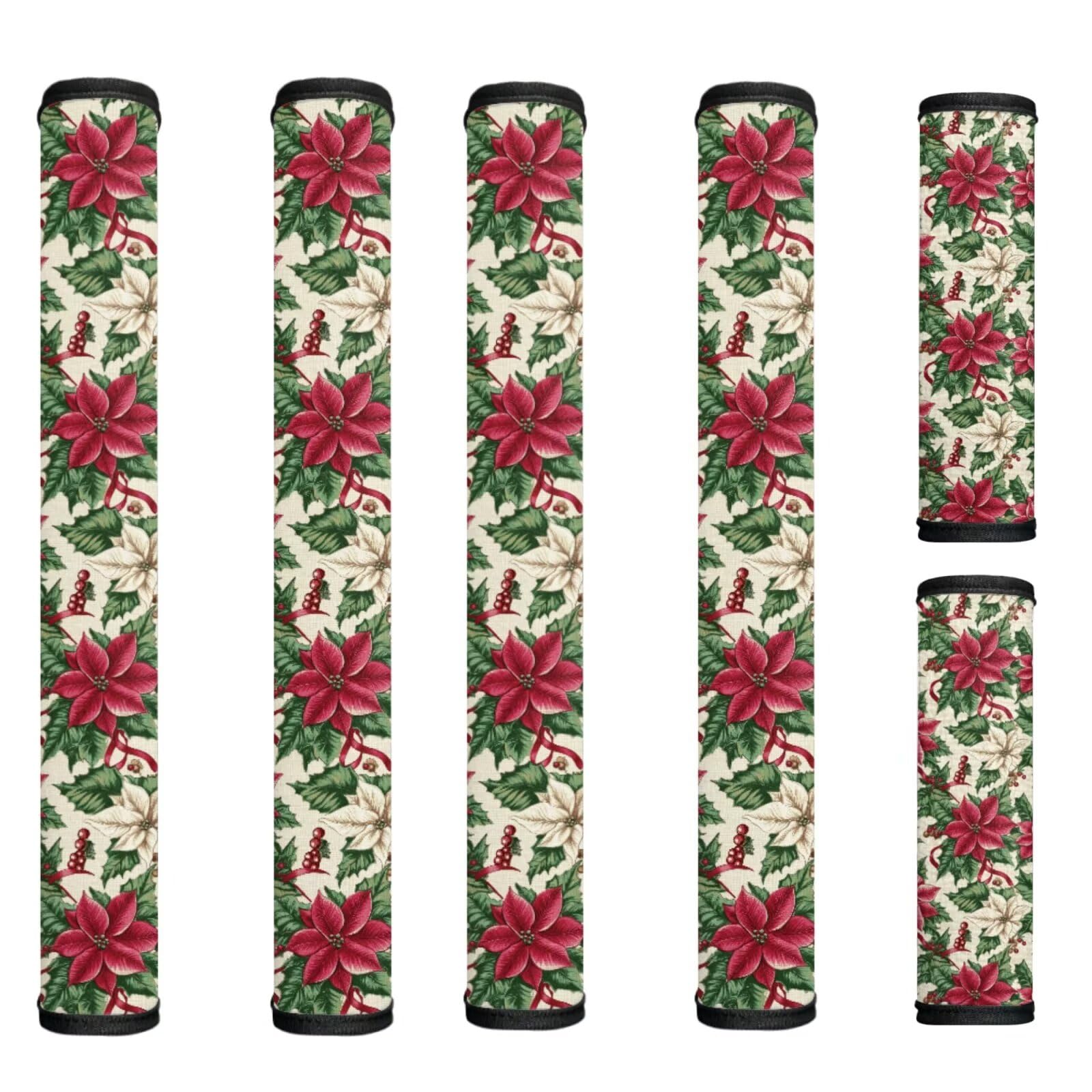 Christmas Refrigerator Door Handle Covers Poinsettia Fridge Door Handle Covers Set of 6 Oven Microwave Dishwasher Antiskid Protector Christmas Decor for Kitchen