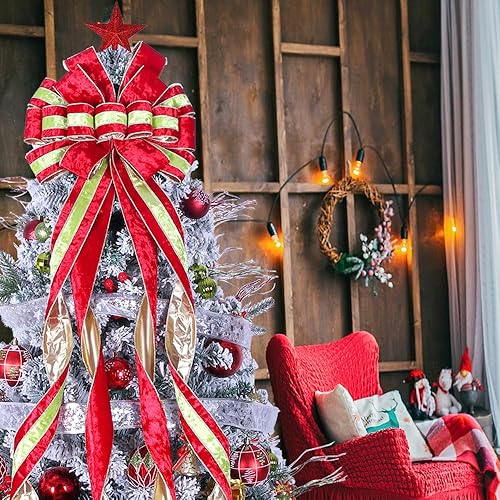 Miniatura 19 de Decoración para árbol de Navidad, lazo grande rojo para árbol de Navidad, arpillera con borde de poliéster blanco, lazos de regalo para adorno