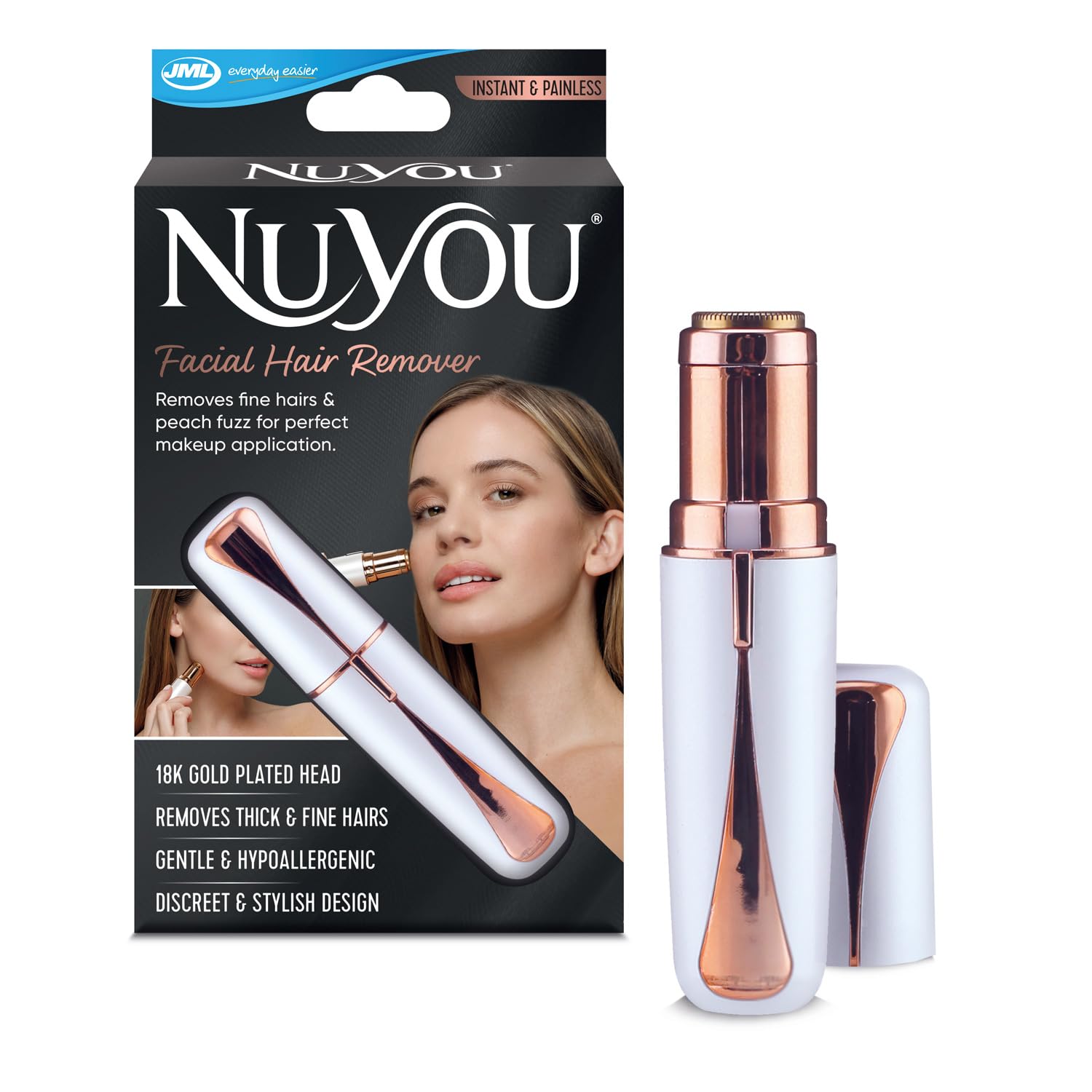 JML NuYou Facial Hair Remover for Women - Quick and Painless Hair Removal with 18K Gold Blades, Portable Facial Trimmers, Lipstick Design for Discreet Face Care - New Floatable, Tiltable Head