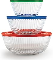 Pyrex Sculpted 3-Piece Glass Mixing Bowls Set with BPA-Free Lids - Oven, Microwave, Dishwasher & Freezer Safe for Prepping, Baking & Storage