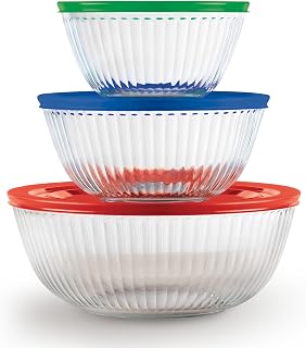 Pyrex Sculpted 3-Pack Glass Mixing Bowls with Lids - Oven, Microwave, Dishwasher & Freezer Safe for Prep, Bake, Store