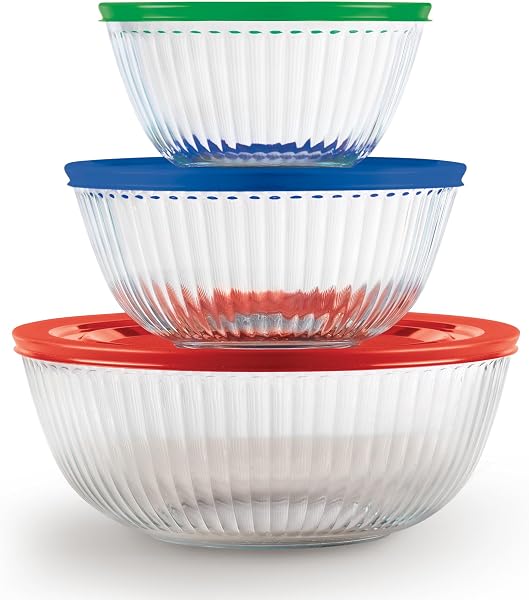 Pyrex Sculpted (3-Pack) Glass Mixing Bowls Set With Plastic Lids For Prepping, Baking and Cooking, Preheated Oven, Dishw