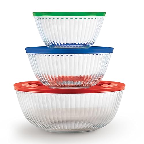Sculpted (3-Pack) Glass Mixing Bowls Set With Plastic Lids For