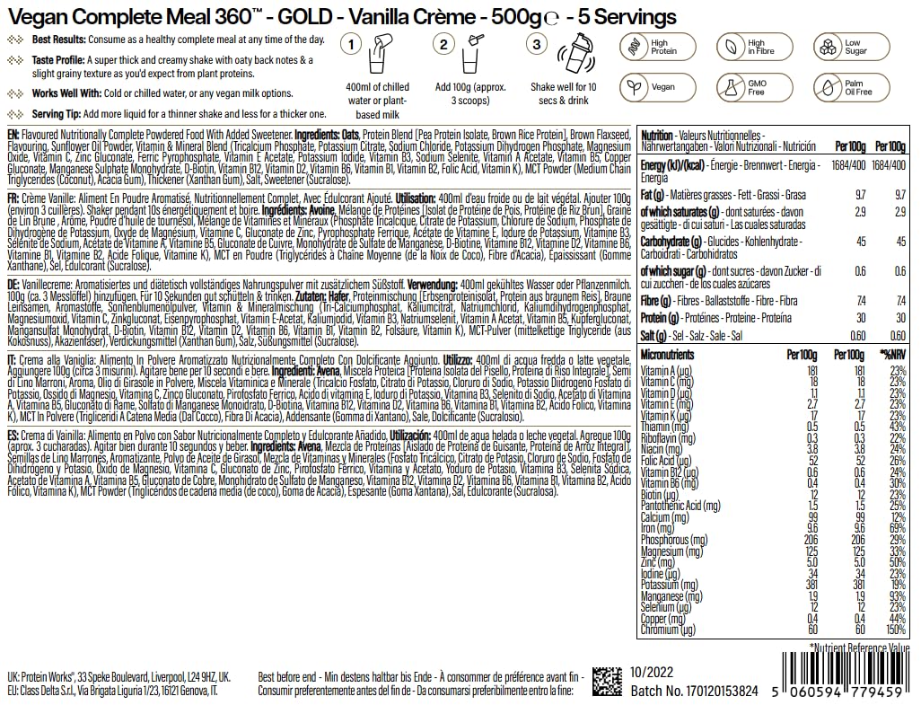 Protein Works | Vegan Complete Meal 360 – GOLD Innovation, Shake Sostitutivo Pasti Vegan Premiato, Ingredienti Vegetali Premium, Vitamine & Minerali, Crema alla Vaniglia, 5 Pasti, 500g