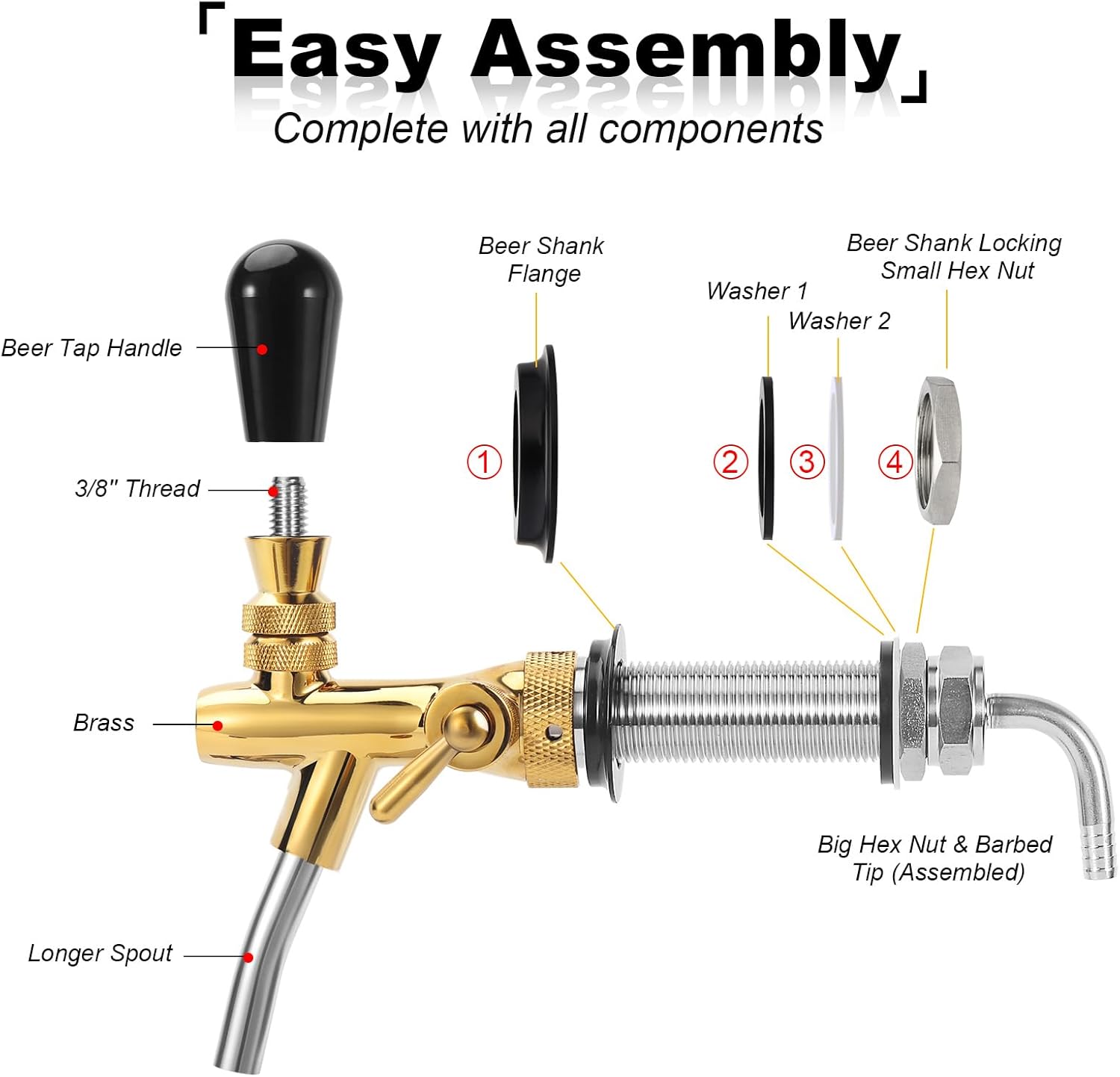 Beer Tap Faucet 4'' Long Beer Tap Shank, Brass Beer Faucet Stainless Steel Core Draft Beer Dispenser Beer Keg Tap Bar Tap 5/16'' Barb G5/8 Thread with Flow Valve for Kegerator, Freezer, Fridge, Wall