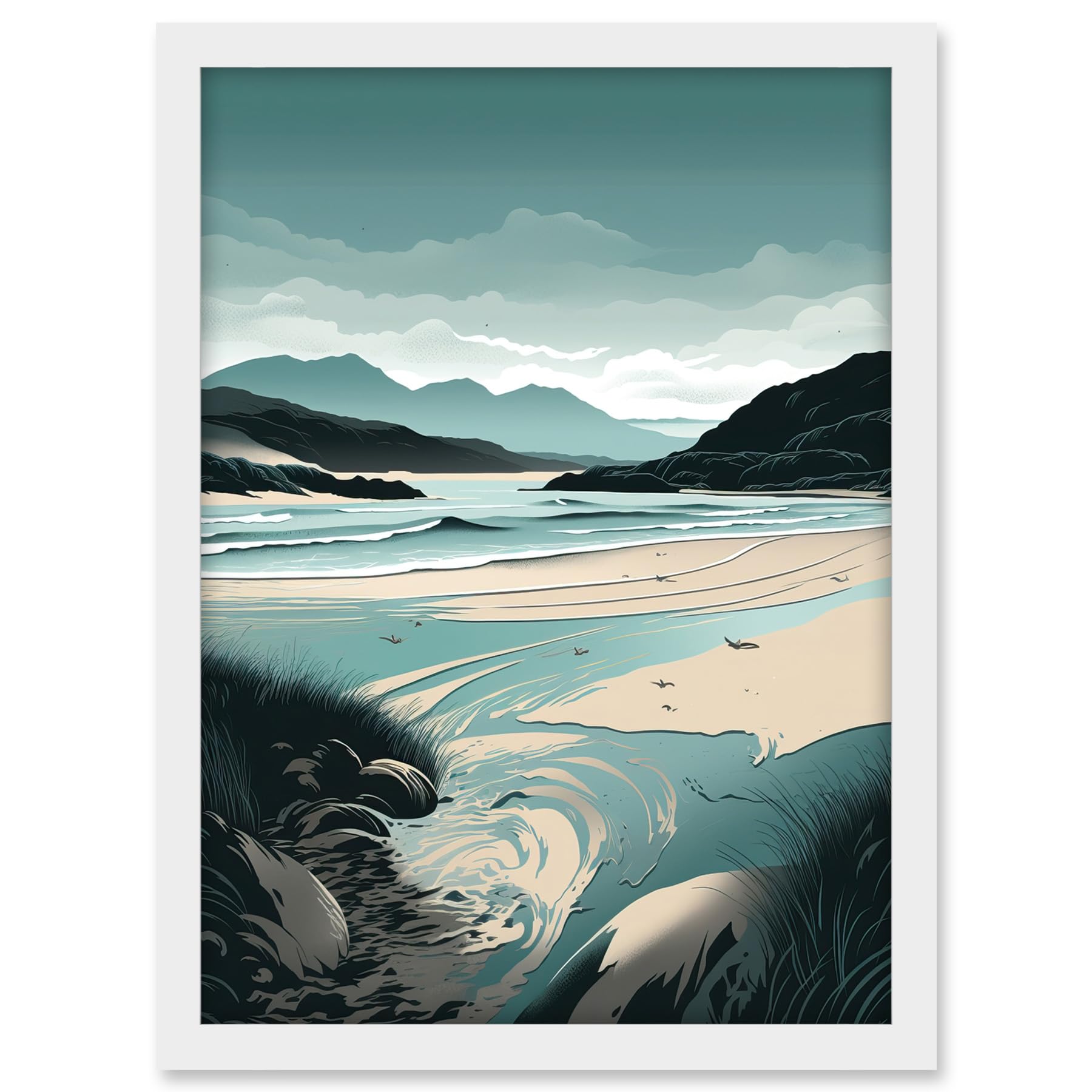 Artery8 Luskentyre Sands Coastal Landscape Illustration Artwork Framed A3 Wall Art Print