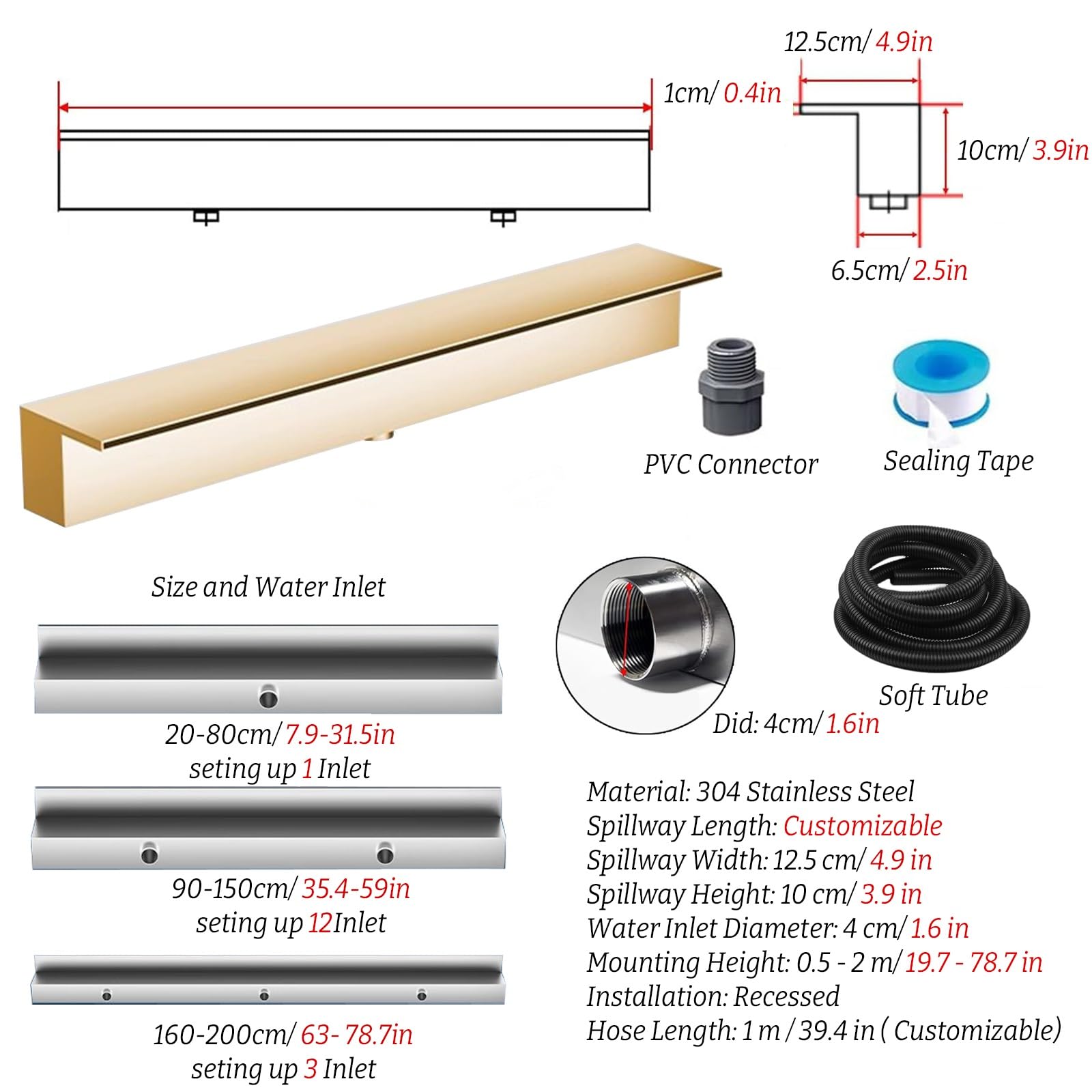 Generico Odpływ wodospadu 20-200 cm, przelew do stawu Aquascape z miękką rurką o długości 1 m, złączem PVC i taśmą uszczelniającą, idealna do zabawy na świeżym powietrzu i fontann garażu
