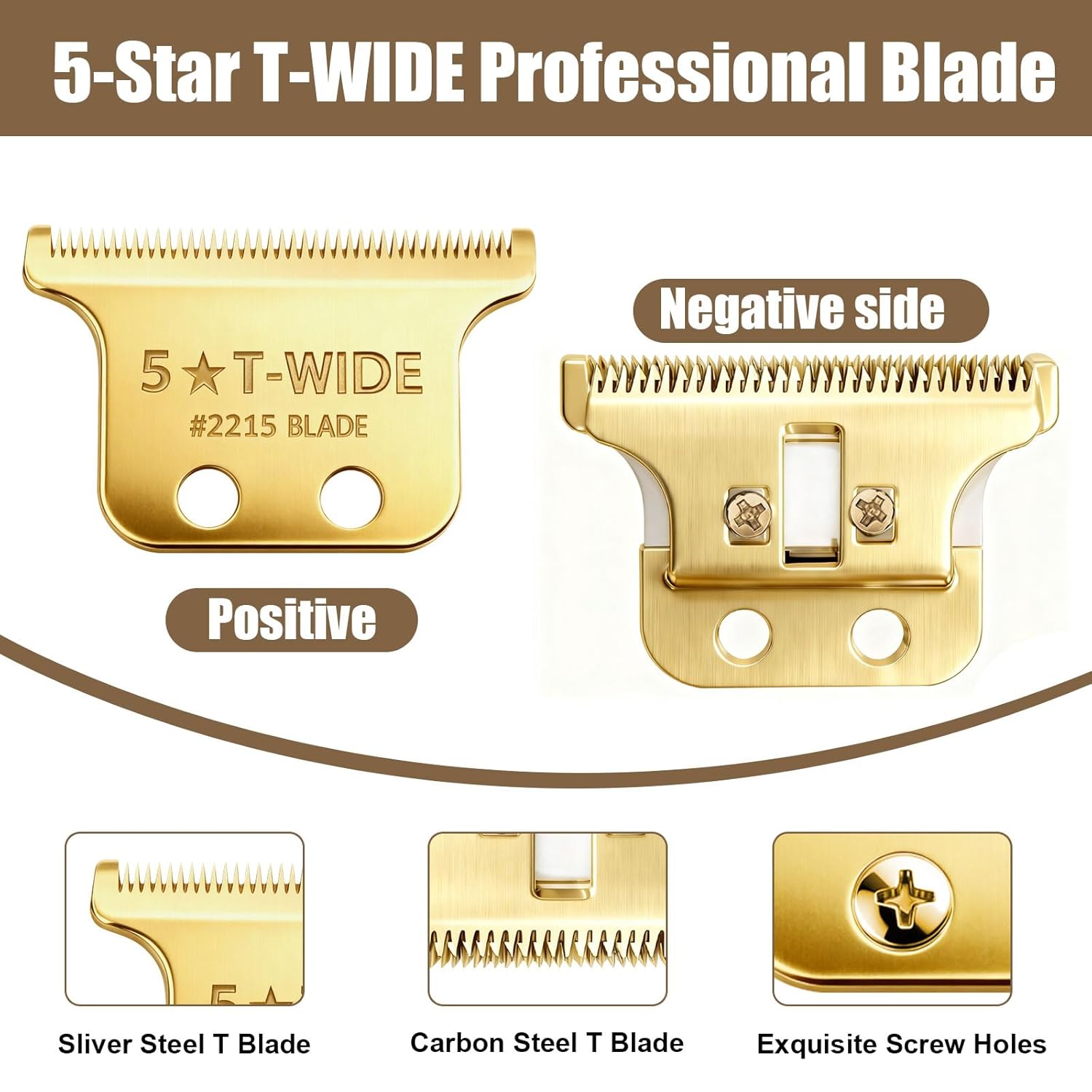 Replacement 2215 T Wide Blades Adjustable Trimmer Blade compatible with Wahl Professional 5 Star Series 8081 and 8171 Hair Clippers Blades-Model 2215 (2Pcs Gold)
