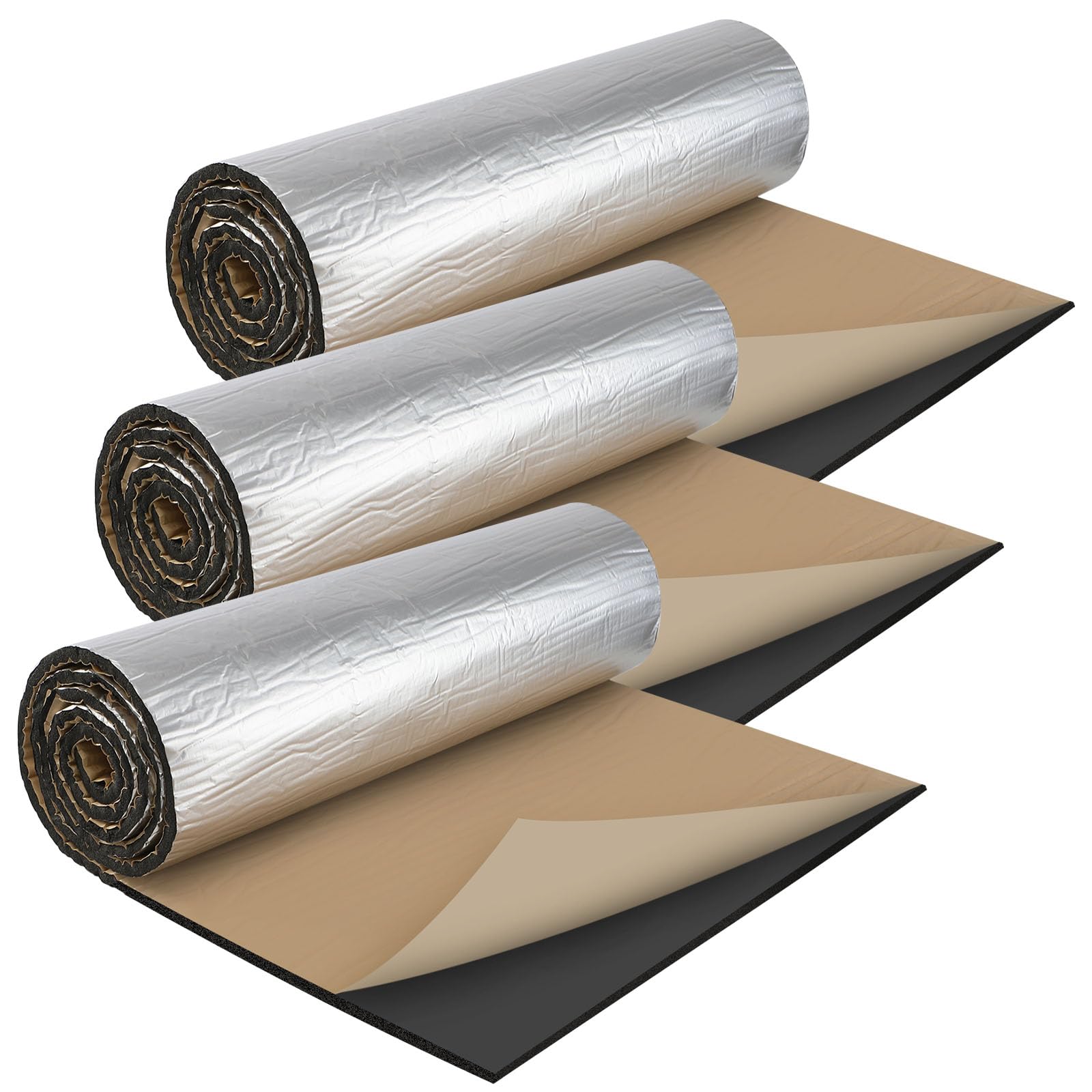 Self Adhesive Reflective Aluminium Foam Insulation 10mm Thick with Kraft Tin Foil Radiator Insulation Foil Reflector Sound Deadening Mat Foils Insulations for Floor Roof Garage Door 200x50cm 3PCS