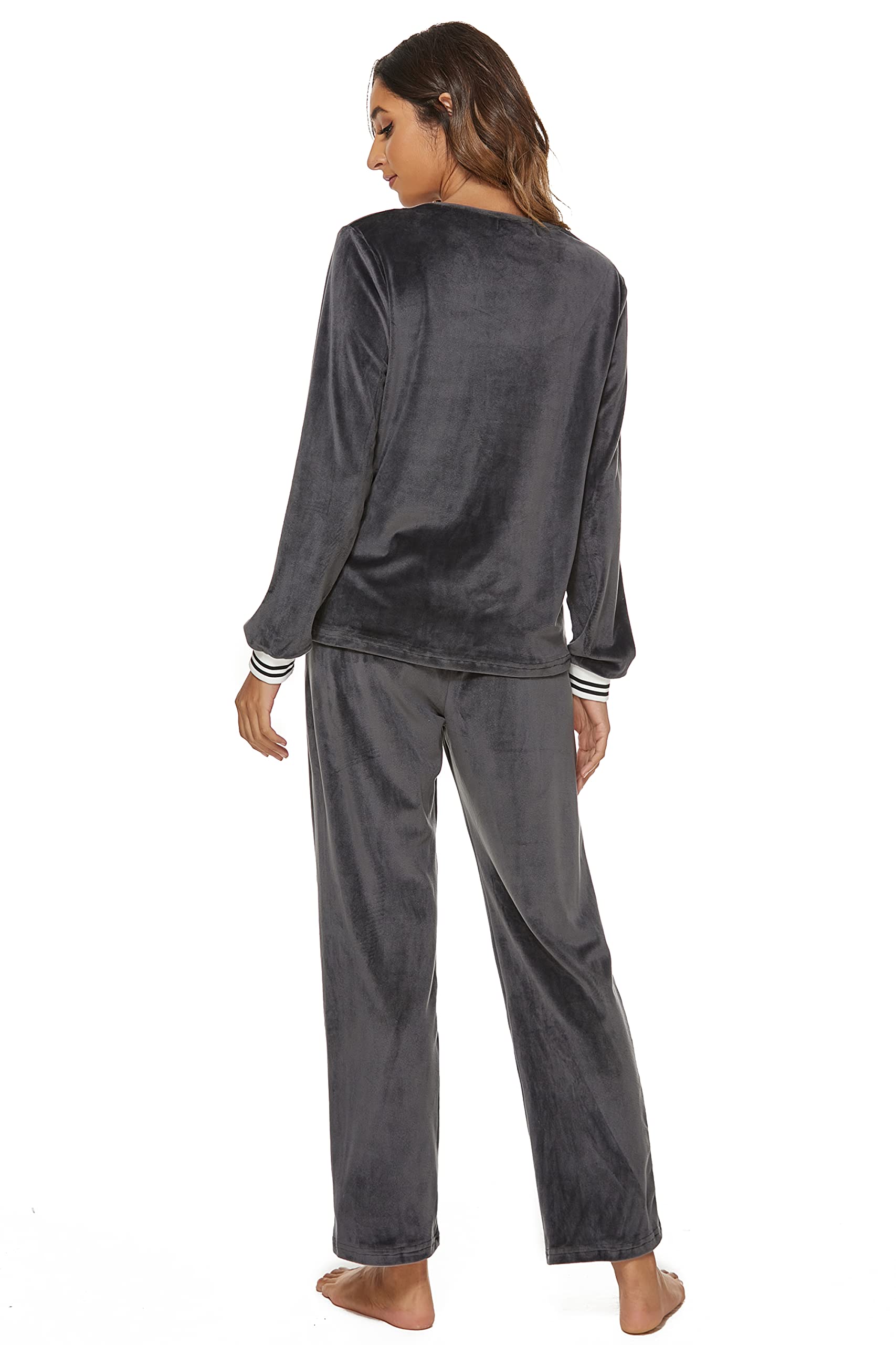 Welurowy dres treningowy, damski piżama, dwuczęściowy dres do biegania, dres sportowy, zimowy dekolt w serek, sweter i spodnie, komplet piżamowy Nicki, szary, S