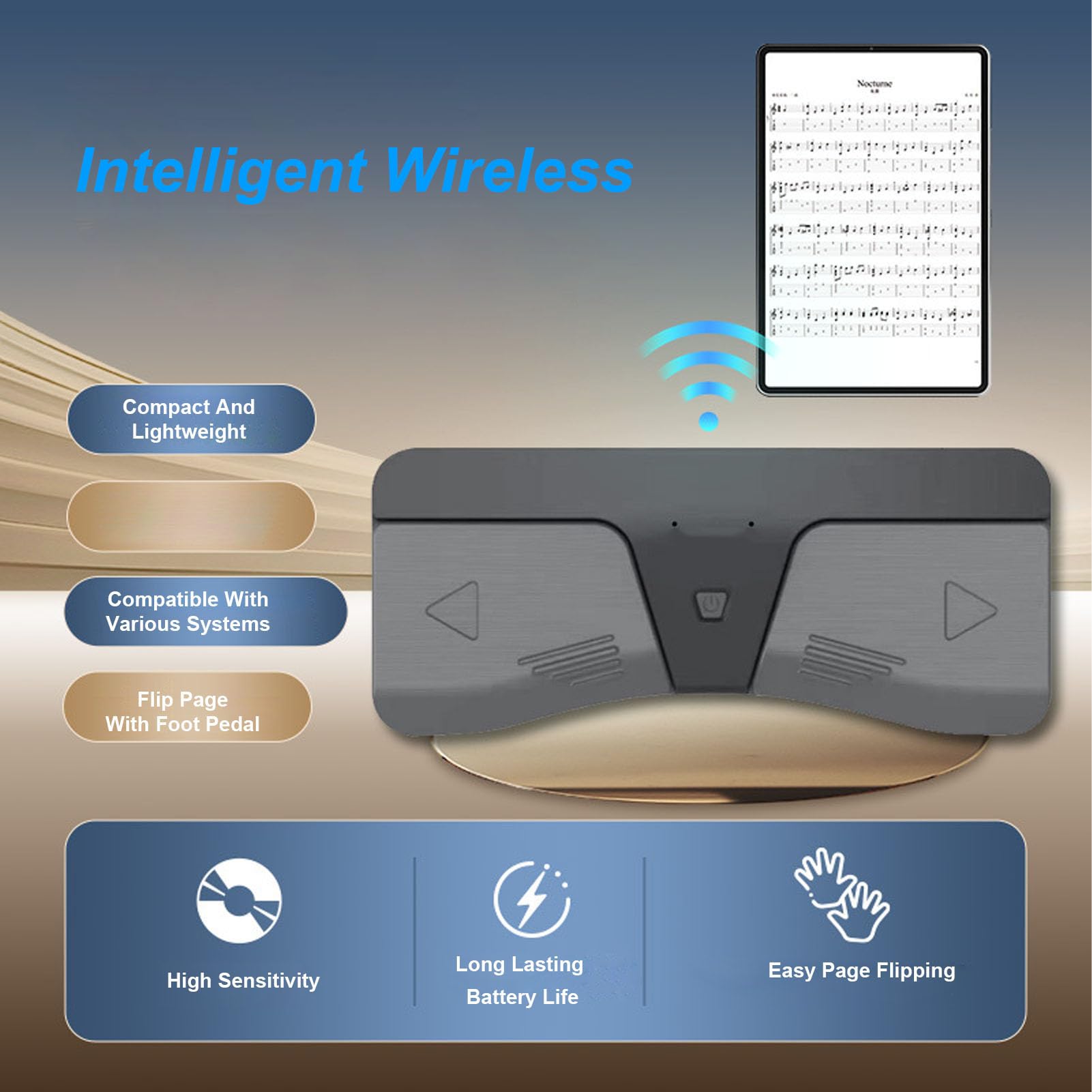 VBESTLIFE Kabelloses Bluetooth-Seitenwender-Pedal mit Ergonomischem Design, Tragbarer Musik-Seitenwender mit Rutschfester Unterlage für Tablets, Android-OS-X-Telefone