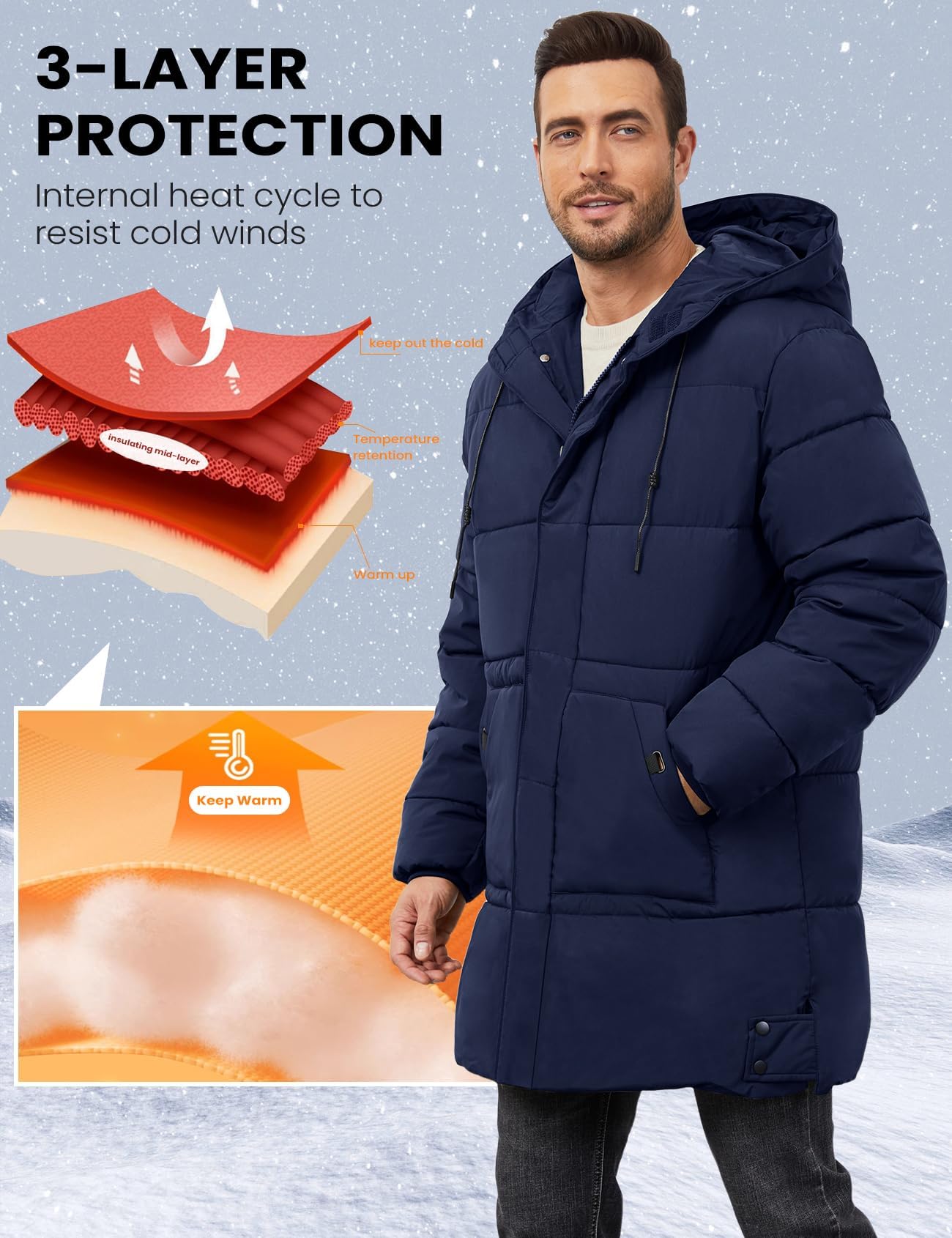 Gihuo Piumino lungo da uomo invernale caldo con cappuccio giacca trapuntata con zip imbottita cappotti capispalla