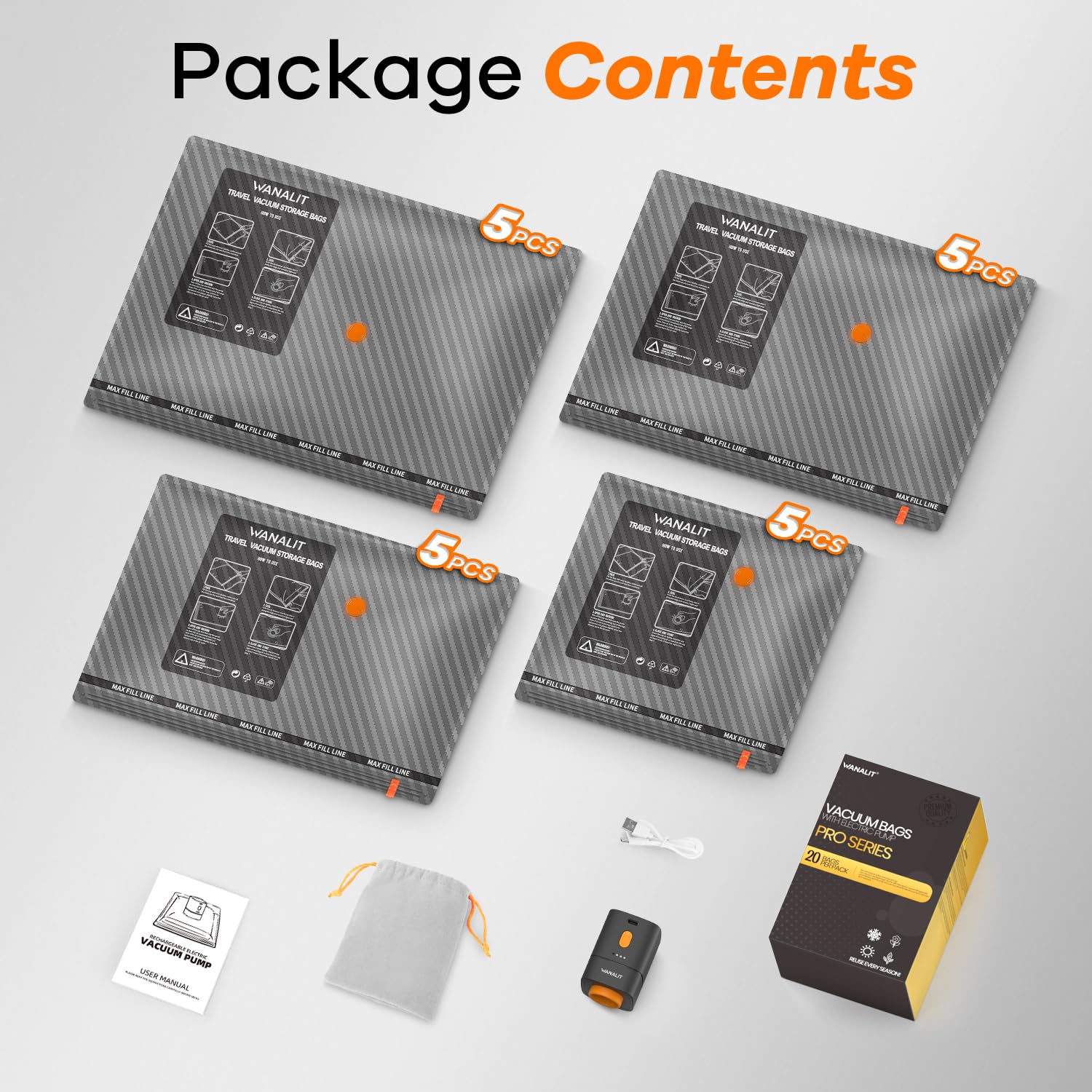 Sacchetti sottovuoto da viaggio con pompa elettrica ricaricabile wireless, confezione da 20 sacchetti sottovuoto essenziali da viaggio per abbigliamento, sacchetti salvaspazio a compressione per