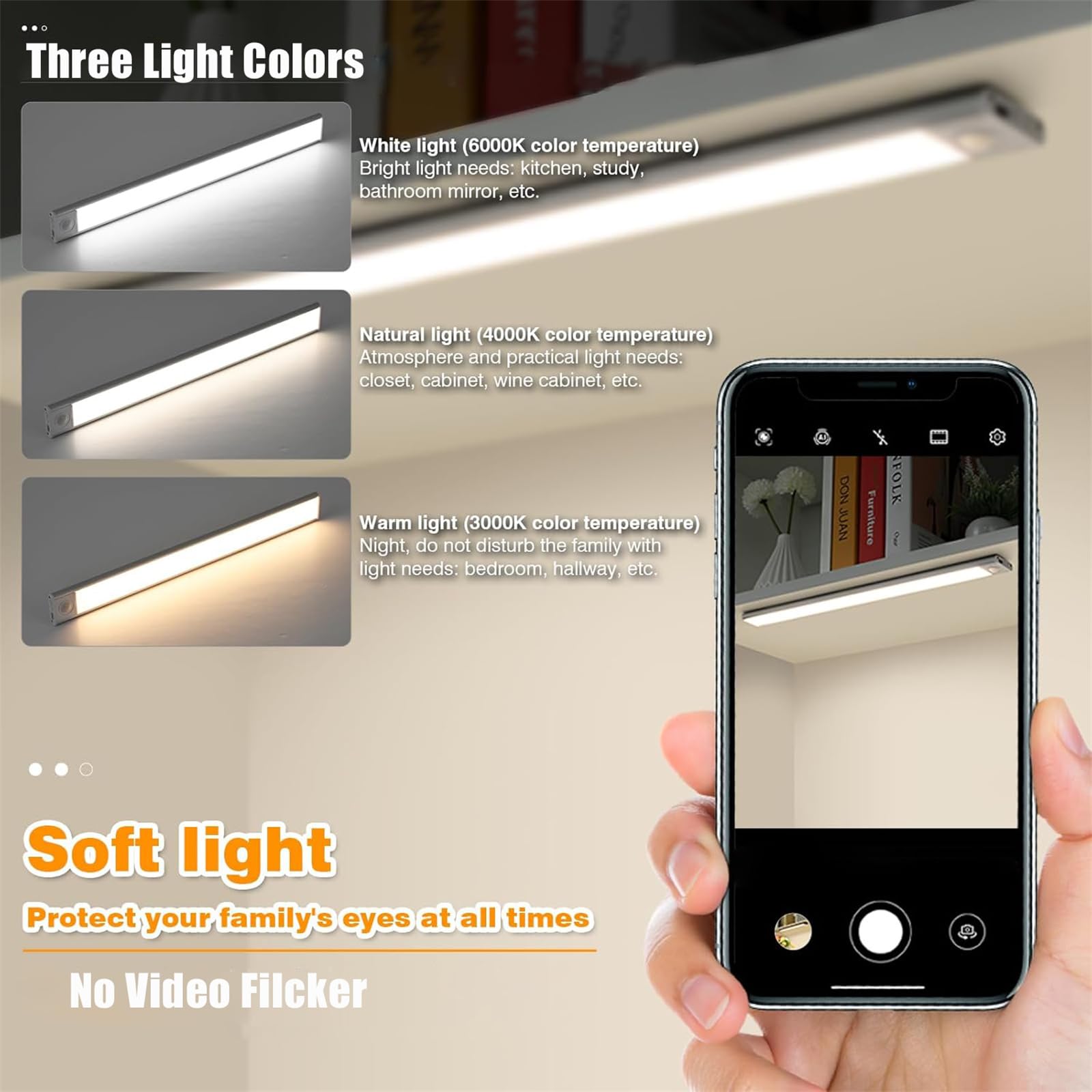 Lámpara de Pared LED para Armario con Sensor de Movimiento, iluminación de Pared Regulable de 3 Colores, Apliques de Pared con batería Recargable USB, luz de Pared inalámbrica para