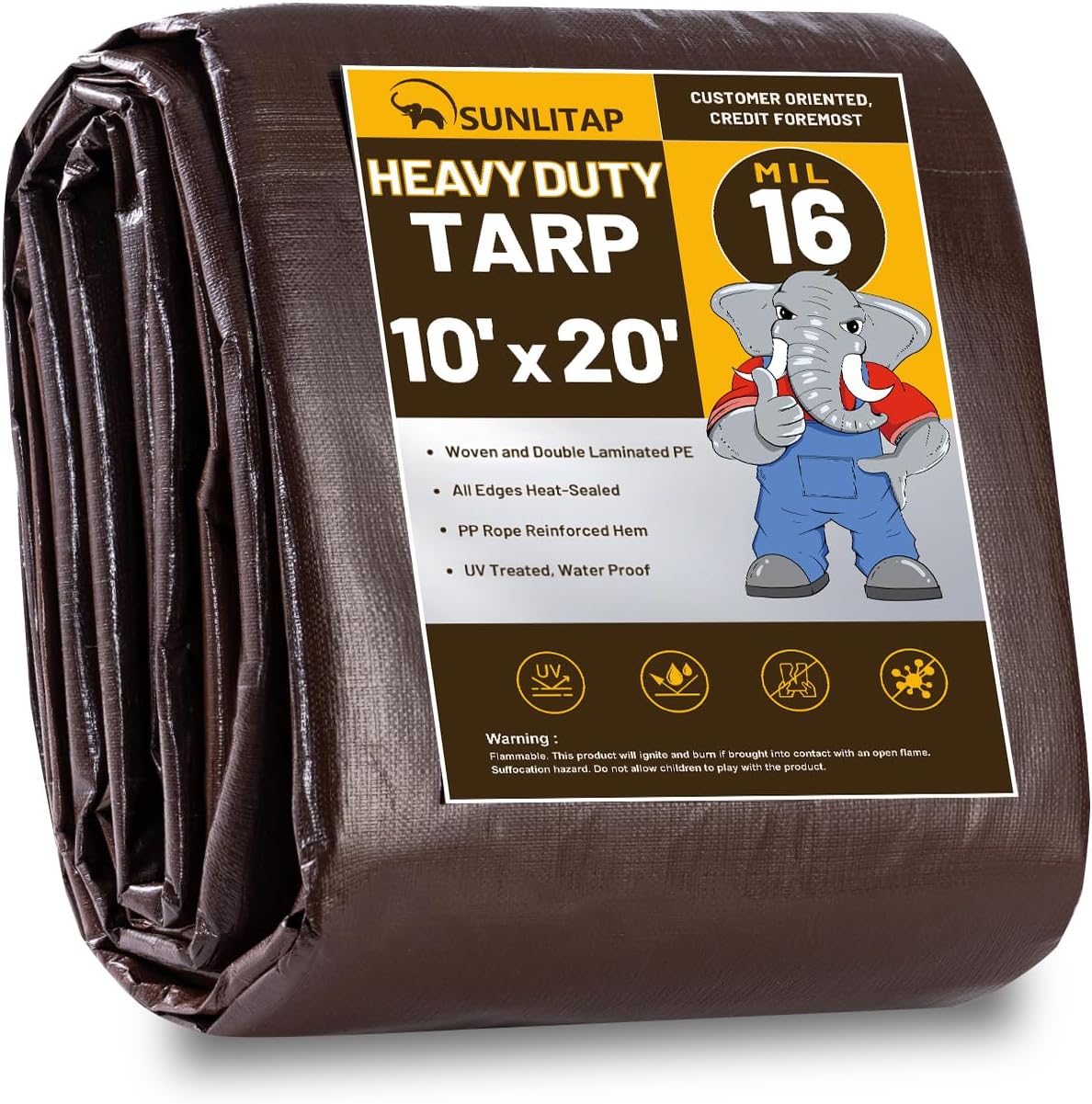 16 Mil Heavy Duty Waterproof Tarps, 10x20 Ft Finished Size Tarps, Premium Tarp with Metal Grommets & Reinforced Edge, Multipurpose Thick Poly Tar for Car, Boat, Roof, Camping - Brown