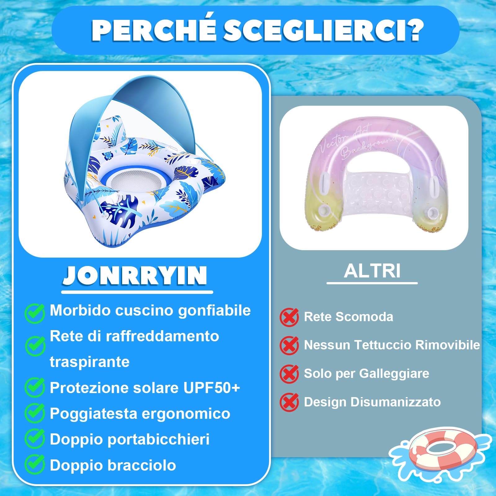 JONRRYIN Gonfiabile Piscina Adulti con Parasole Rimovibile, Galleggiante da Piscina, Sedia Galleggiante Piscina Adulti con Portabevande e Schienale e Bracciolo per Esterni, Spiagge, Piscine, Laghi
