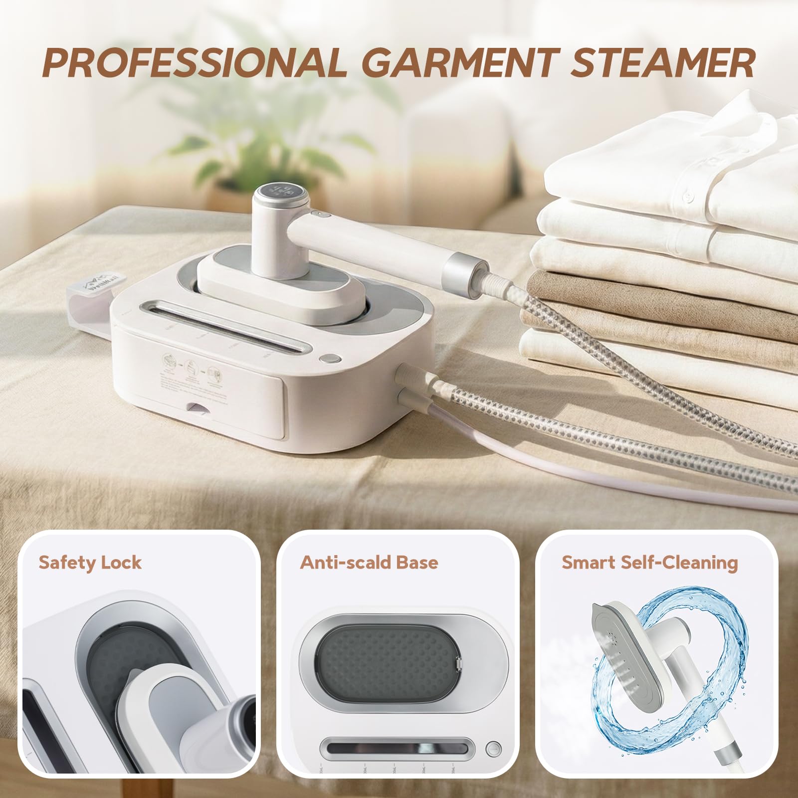 2 In 1 Steamer for Clothes:1550W Powerful Steamer with 1100ml Detachable Tank, 30s Fast Heat-Up, Horizontal & Vertical Use, Portable Wrinkle Remover for Clothes Drapes Bedding (White) image 5