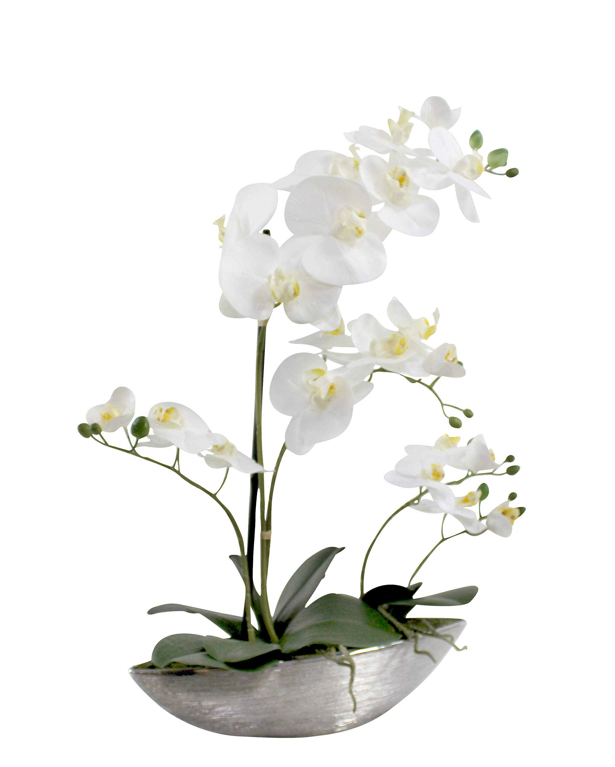 DARO DEKO Kunst-Pflanze Orchidee Schiffchen Topf Silber glänzend und weiße Blüten 53cm hoch