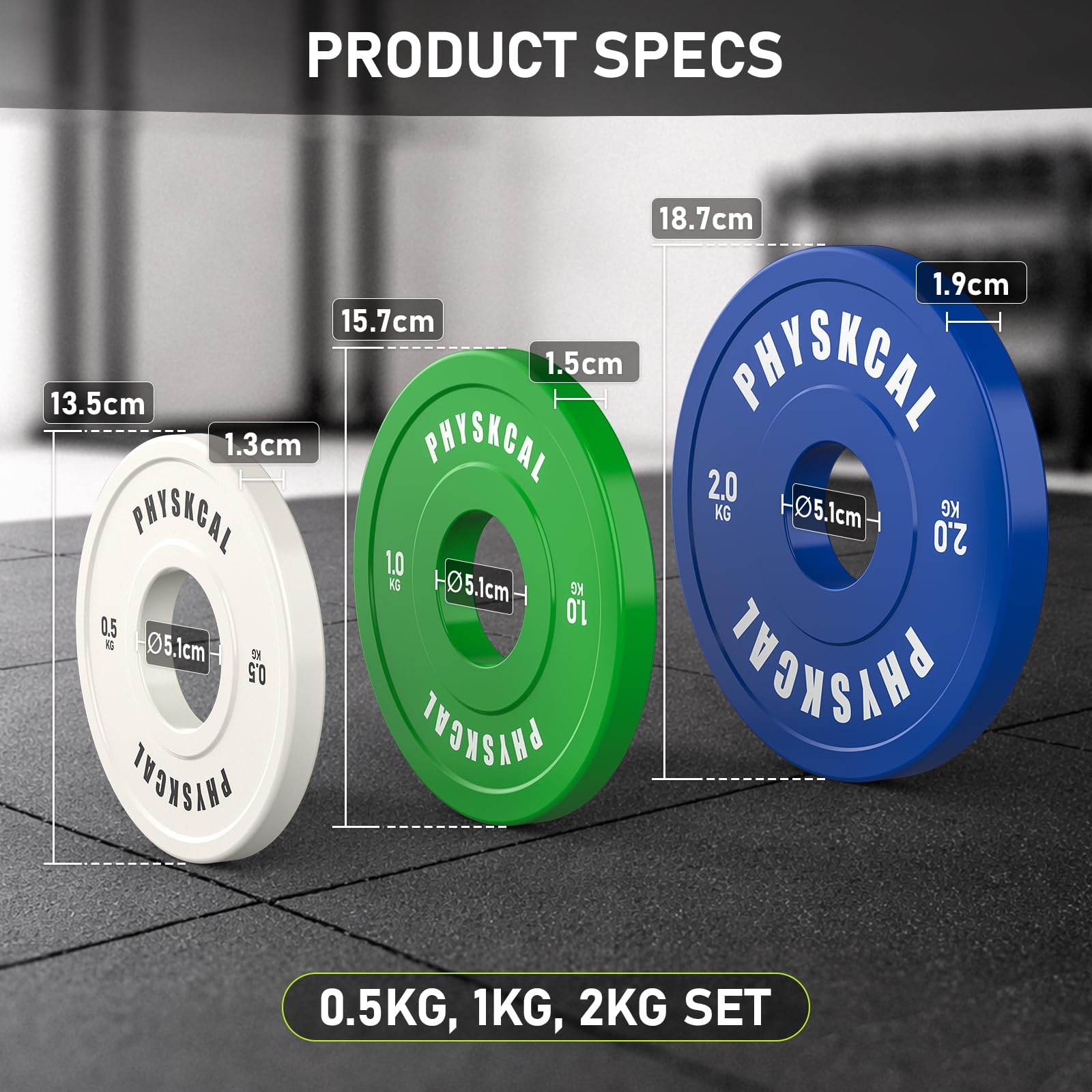 PhysKcal Disco Bumper Color y Discos Micro con Ø 50 mm Inserto | 0,5 kg a 25 kg. Rebote reducido & código de color IWF. Ideal para halterofilia, WOD, halterofilia & gimnasio en casa