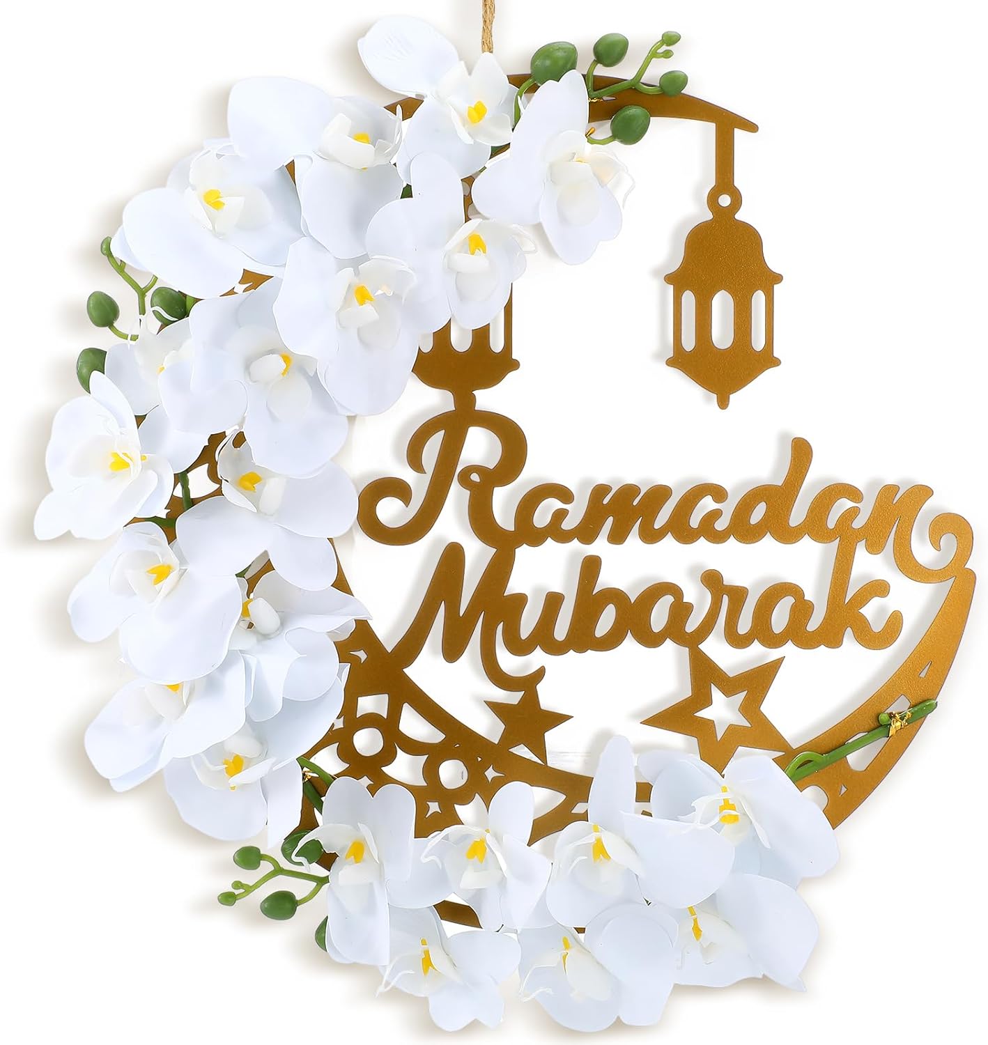 Eid Ramadan Mubarak Wreaths Ramadan Decorations for Home Front Door Eid Decor Round Metal Hoop Floral Hanging Garland for Wall Window Indoors Outdoor Farmhouse Decor (Classic)