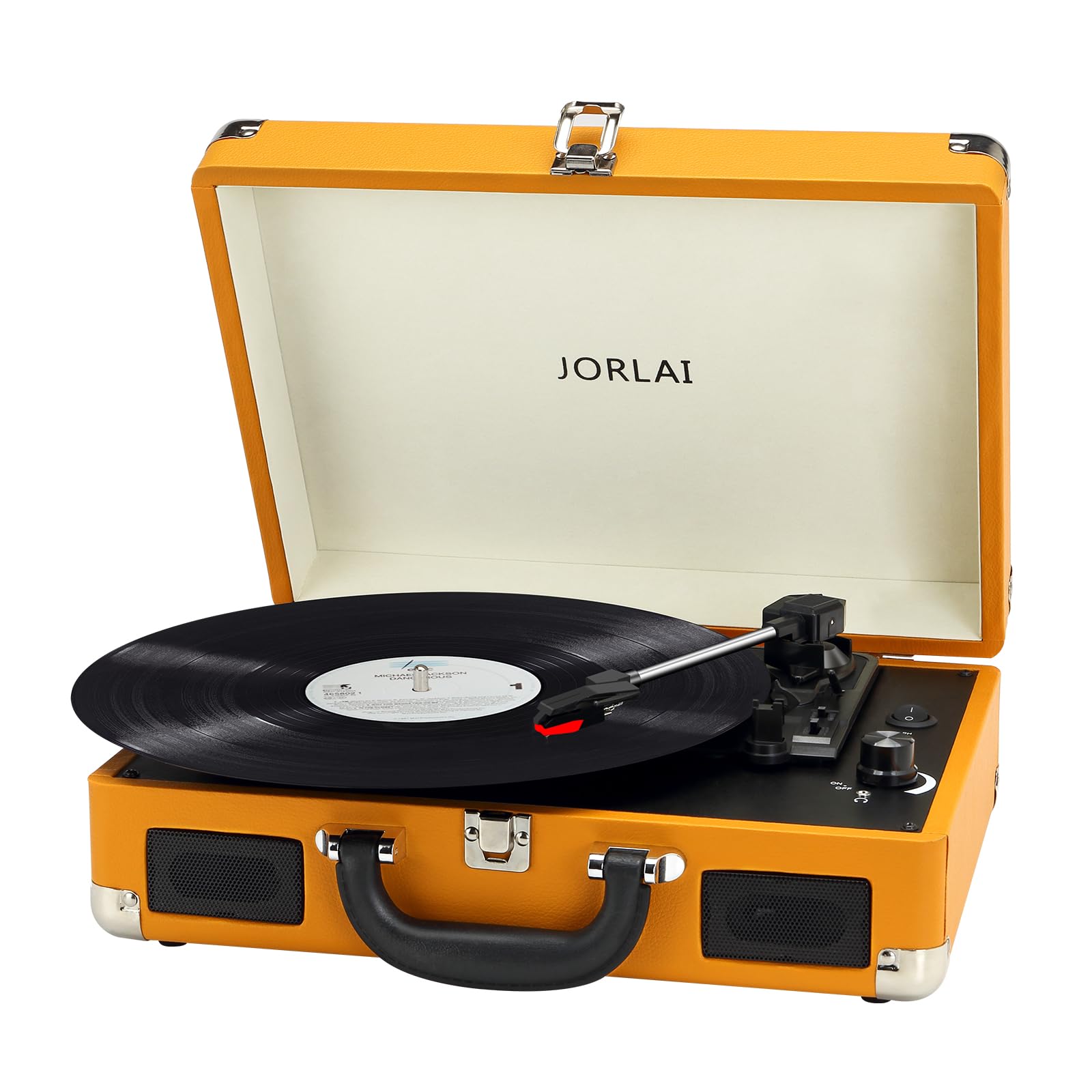 Jorlai Vinyl Record Player 3-Speed Turntable with Bluetooth, Portable Suitcase, Built-in Battery Stereo Speakers, 3.5mm Headphone Jack, Aux in/RCA Out for Home Decoration Gift