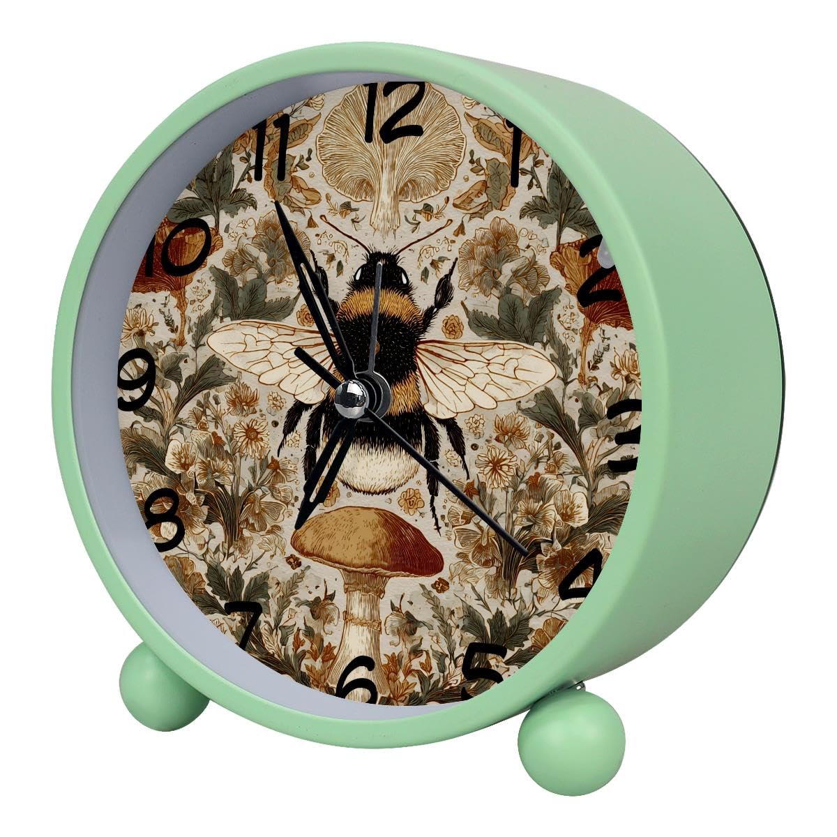 Luoweisi Analog Alarm Clock Bee Mushroom Retro, Silent Non-Ticking with Night Light, Battery Operated, Round Desk Alarm Clock for Office, Bedroom, Elderly, Adults, Children, Student Gifts