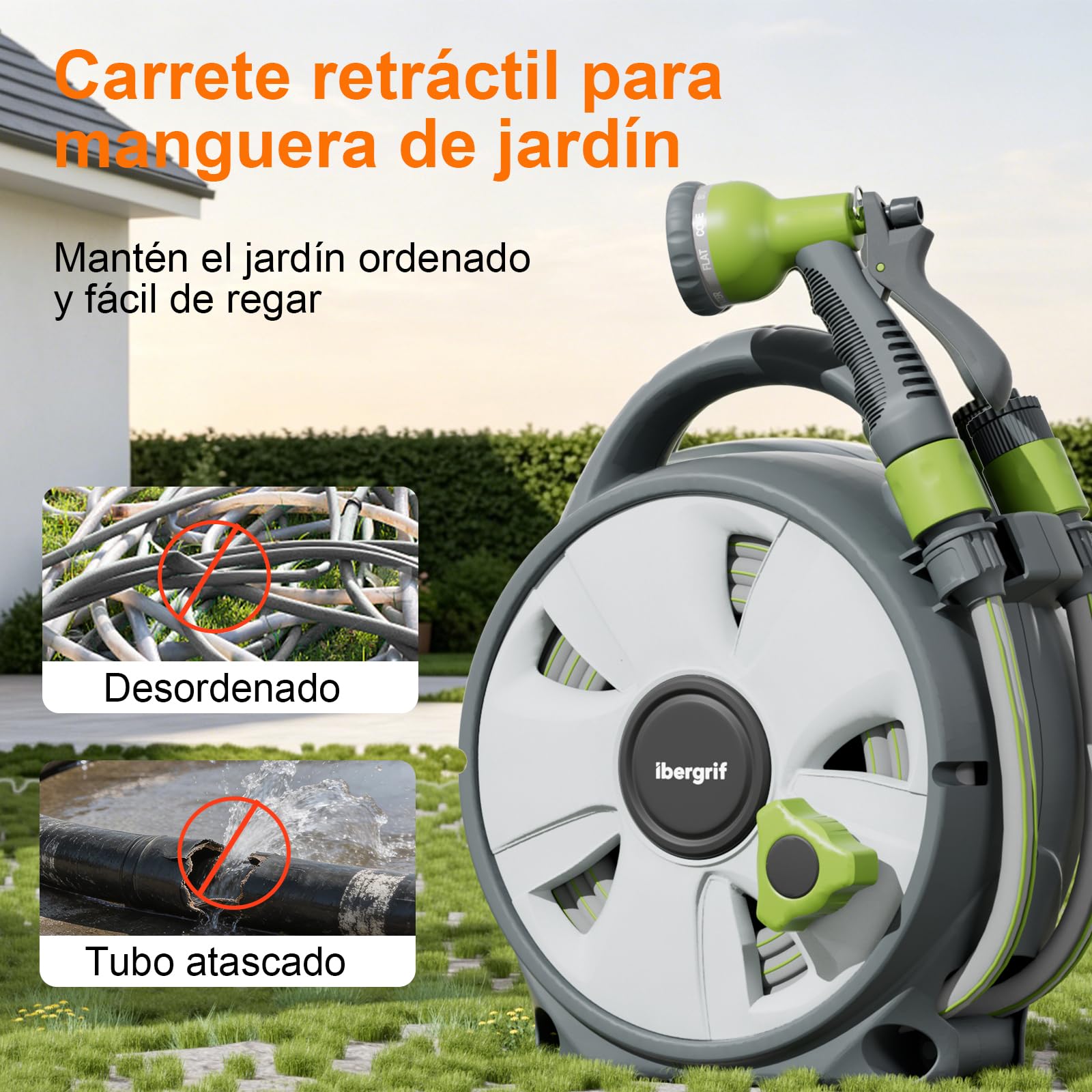 Ibegrif M22220, Enrollador de manguera de jardín, Portamangueras 10 m, Gris/Verde