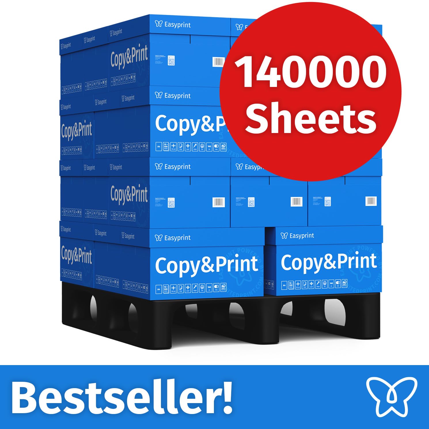 Easyprint Papel multiusos para impresora, Folios A4, 140.000 Hojas, 28 Paquetes de 5.000, Color blanco brillante CIE 160, PEFC
