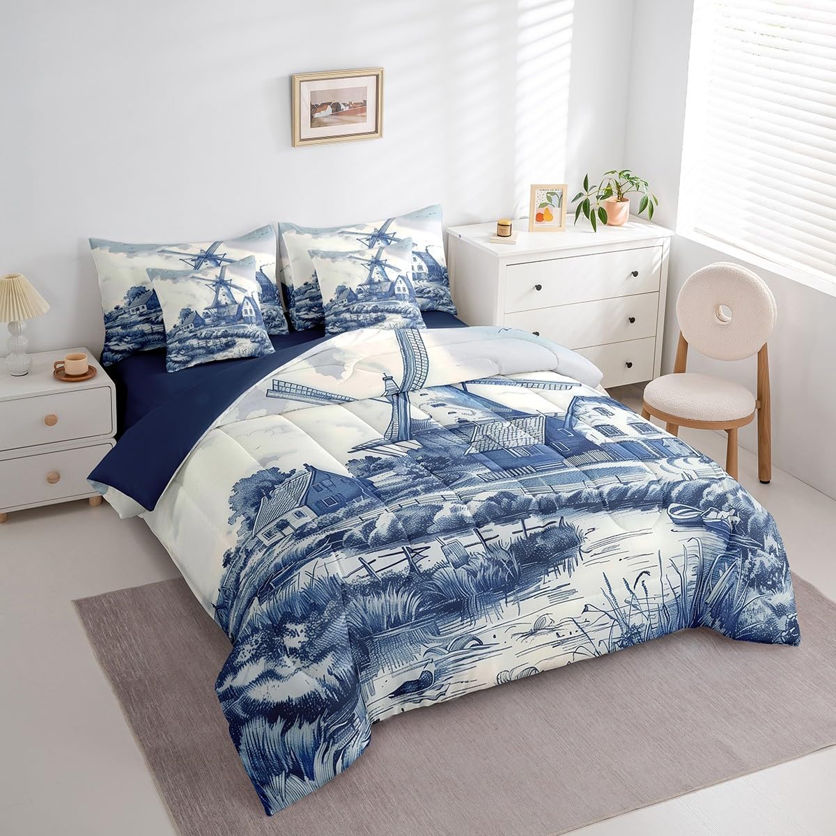 Erosebridal 7Pcs Vintage Dutch Windmill Bed in A Bag King Size Delft Blue Farm Bedding Sets Rustic Farmhouse Comforter Set with Sheets