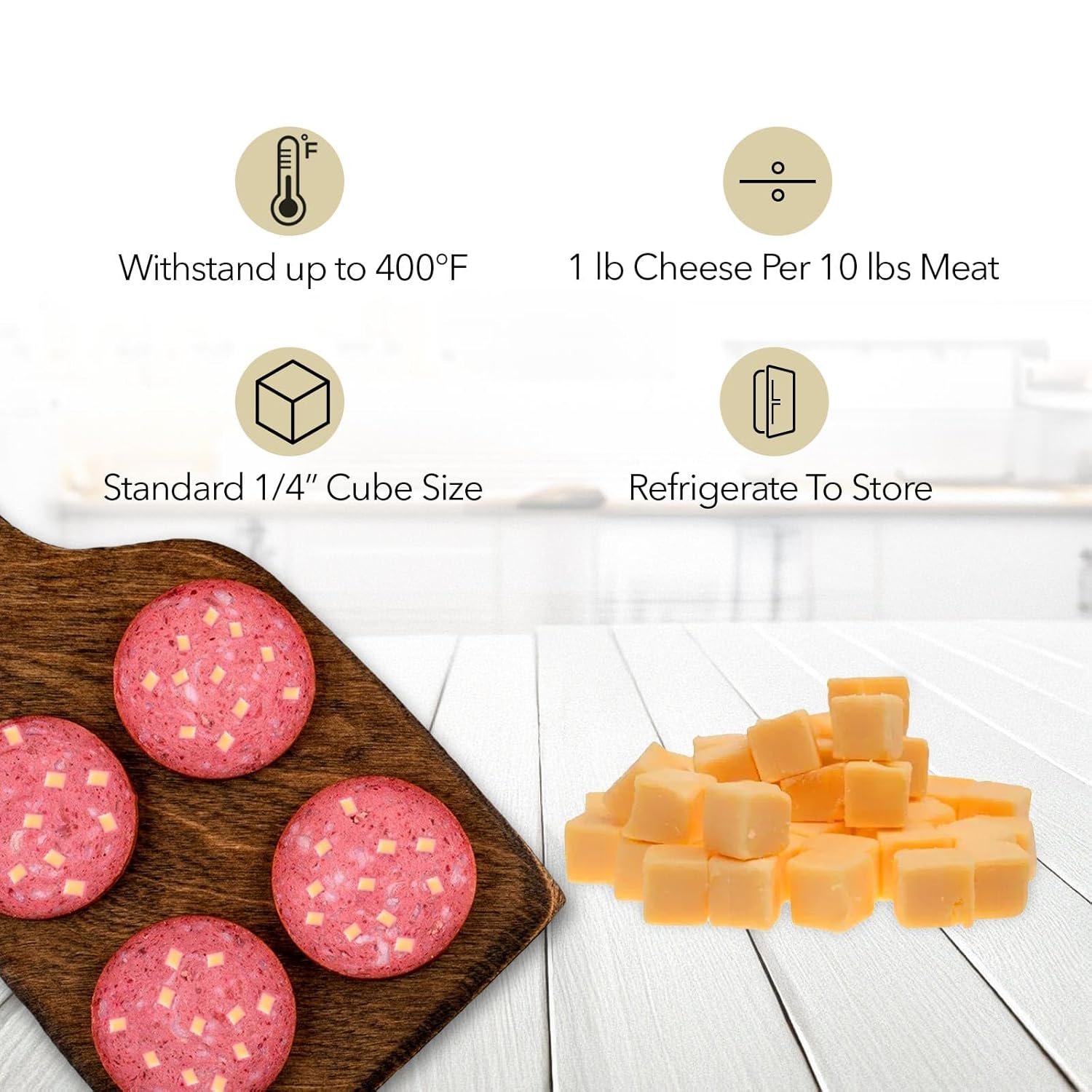 The Sausage Maker® High Temp Bleu Cheese 1 Lb Hi-Temp Cheese For Sausage Making, 1/4" Diced Cube, 400° Temperature High Heat Cheese For Grilling, Salami, Snack Sticks, Summer Sausage
