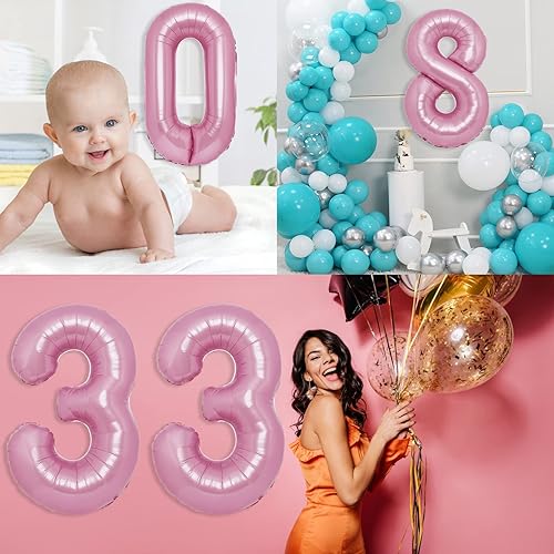 Miniatura 6 de Globo gigante de 40 pulgadas color rosa macarrón con el número 0, globos de aluminio de aluminio de Mylar con helio para fiestas de cumpleaños,