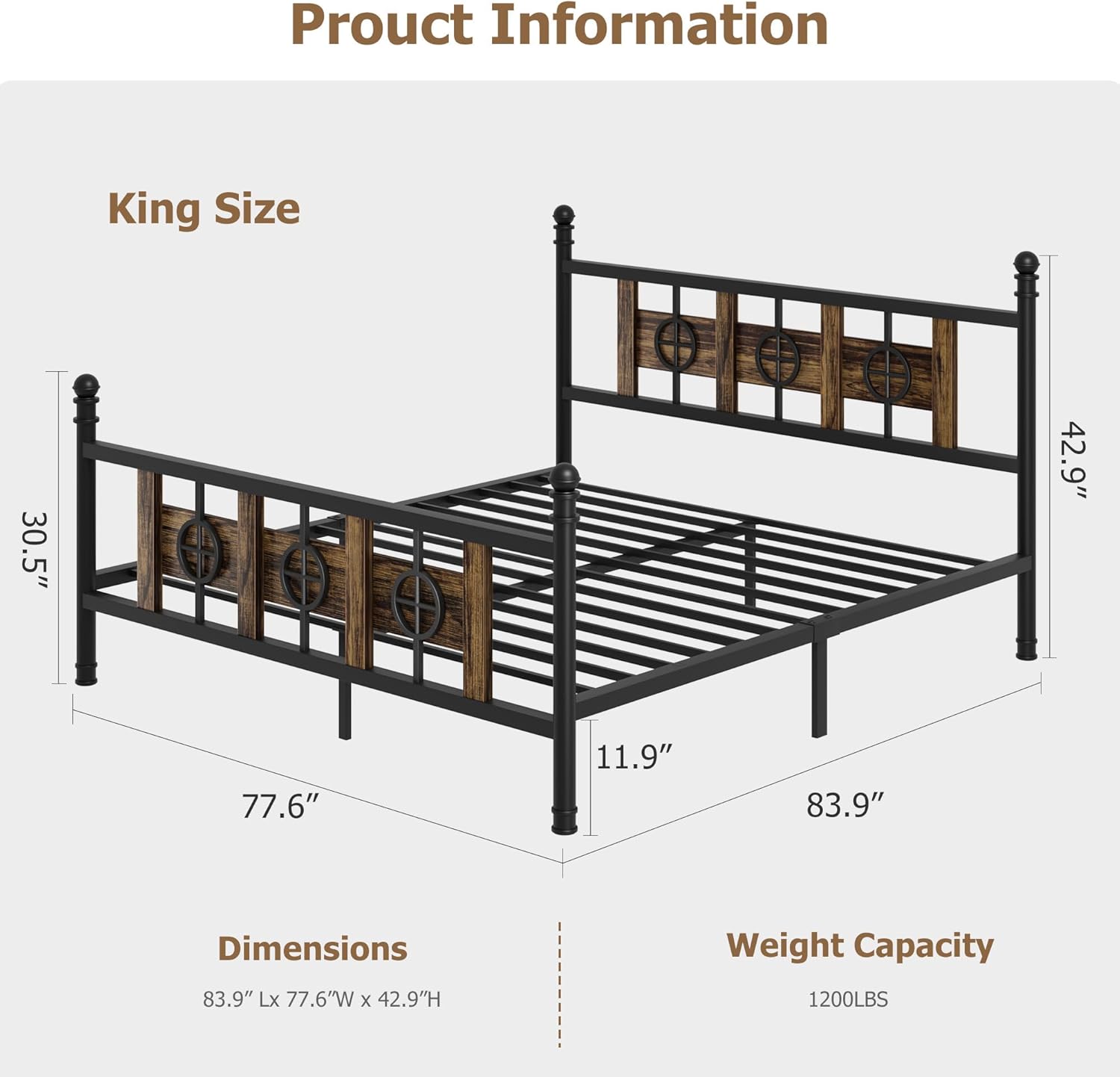 King Size Bed Frame with Headboard and Footboard & Storage Space Under Bed, Metal Twin Bed Frame w/ Vintage Circular Design, No Box Spring Required, Noise-Free, Easy Assembly (Brown, King Siz)