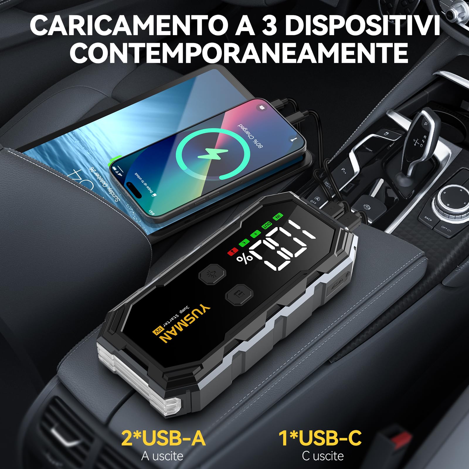 YUSMAN Avviatore Batteria Auto 9000A,12V Booster Avviamento Portatile per Auto benzina e diesel fino a 10.0L, Jump Starter con Cavi Intelligenti, Power Bank USB-C, Torcia LED e Protezioni di Sicurezza
