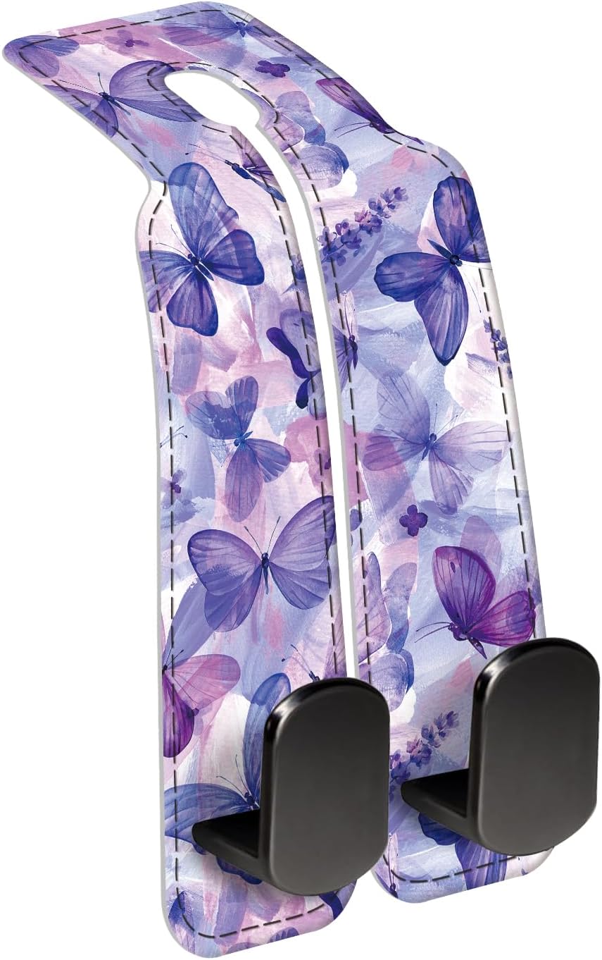 Car Seat Back Storage Headrest Hook, Premium Leather Double Metal Hook, Hanger Storage Organizer for Purse Cloth Bag, Car Interior Accessories Blue Cute Butterfly