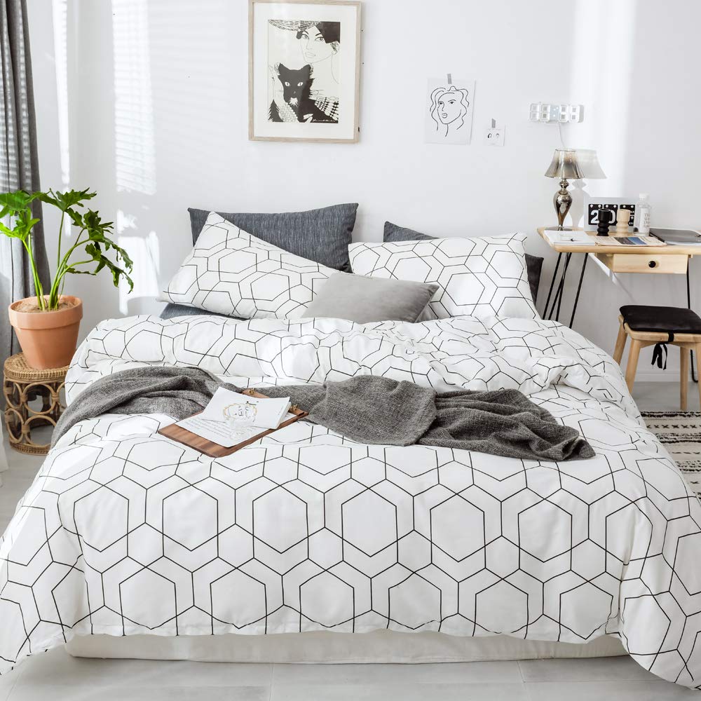 Geometric King Bedding Set White Adults Comforter Cover King 100% Cotton Teens King Duvet Cover Set with Hidden Zipper Modern Kids Bedding Duvet Cover for Boys Men Textured Quilt Cover, No Comforter