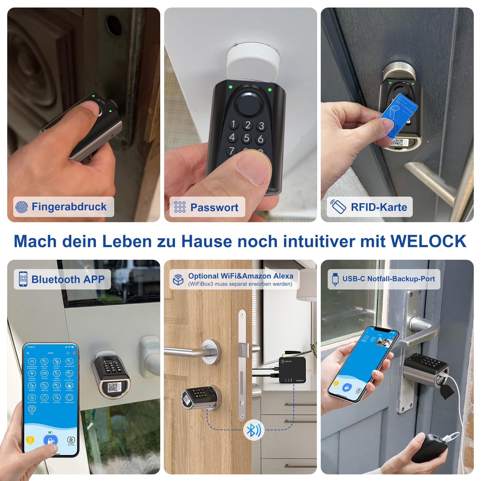 WELOCK U41 PRO Elektronisches Türschloss Fingerabdruck | mit Passwort,RFID Karte,APP und WiFi,Fingerabdruck Schloss Haustür,Schließzylinder für Türen von 50-100mm,Smart Lock