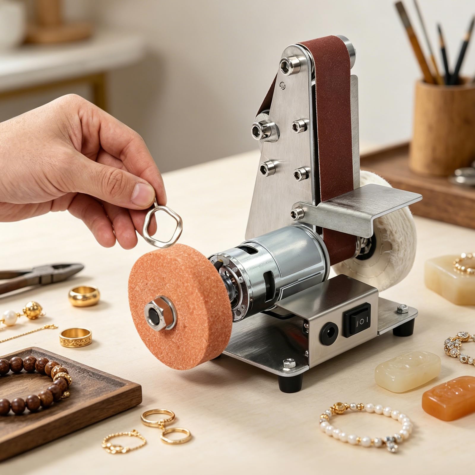 Mini levigatrice a nastro elettrica 775, 4000-9000 giri/min, regolabile, con 20 nastri abrasivi e disco lucidante per metallo e legno