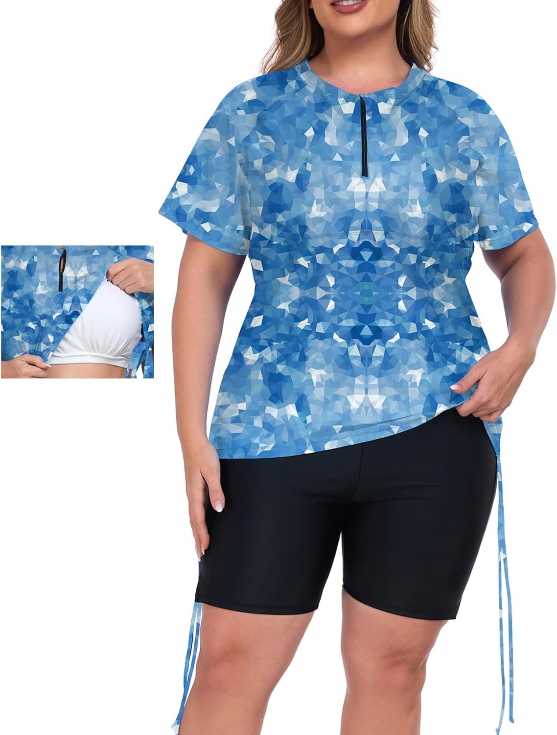 Inno Women's 2 Pcs Plus Size Rash Guard Set with Built-in Bra Zip Swim Top UPF 50+ Adjustable Ruched Side Swimsuit